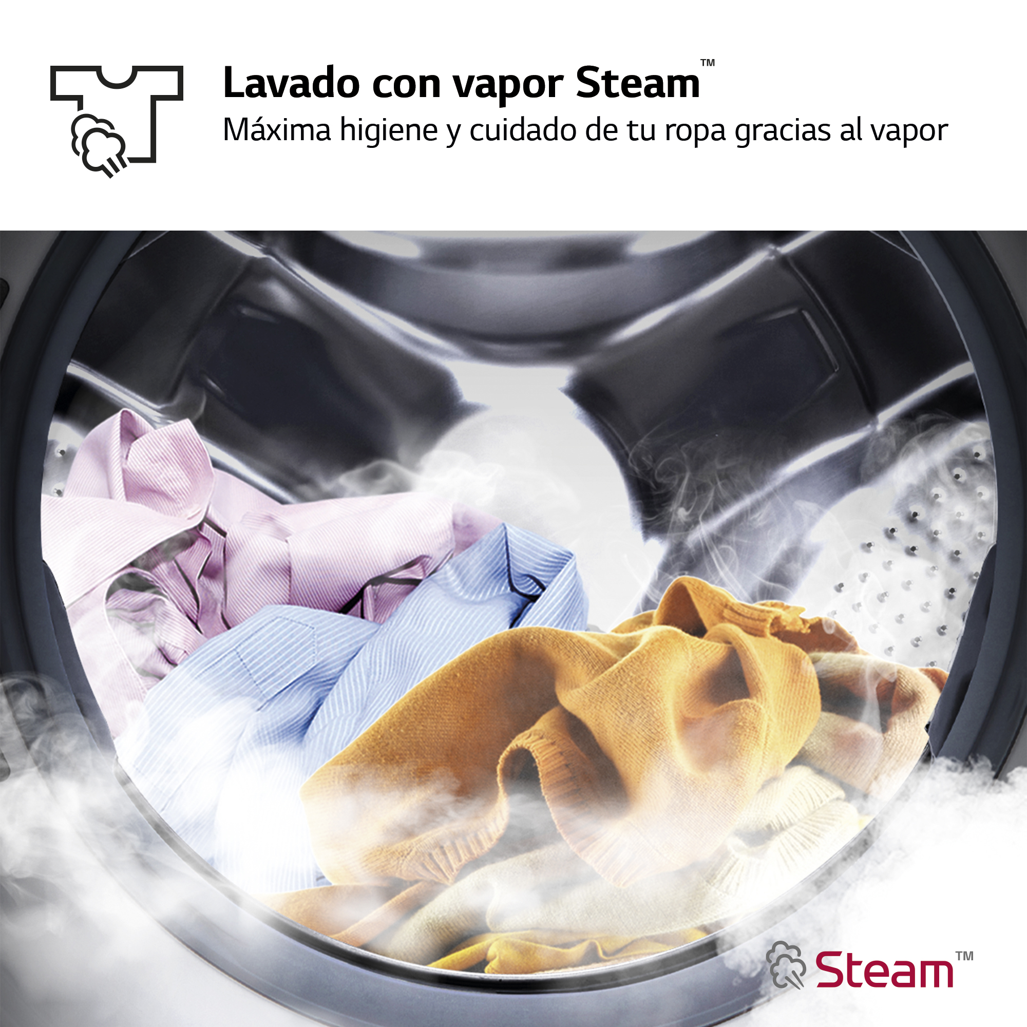 Ropa en una lavadora con vapor, logo de vapor.