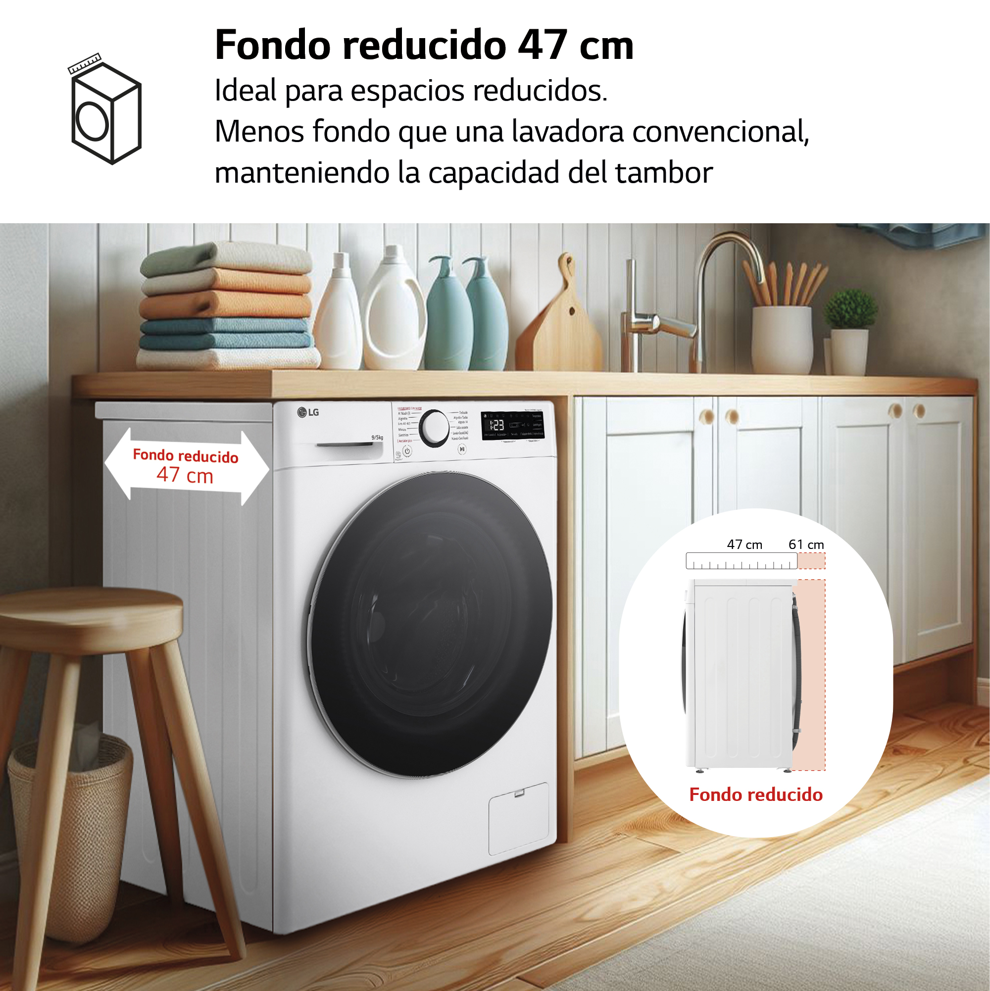 Una lavadora en un entorno de cocina, con texto que indica profundidad reducida.