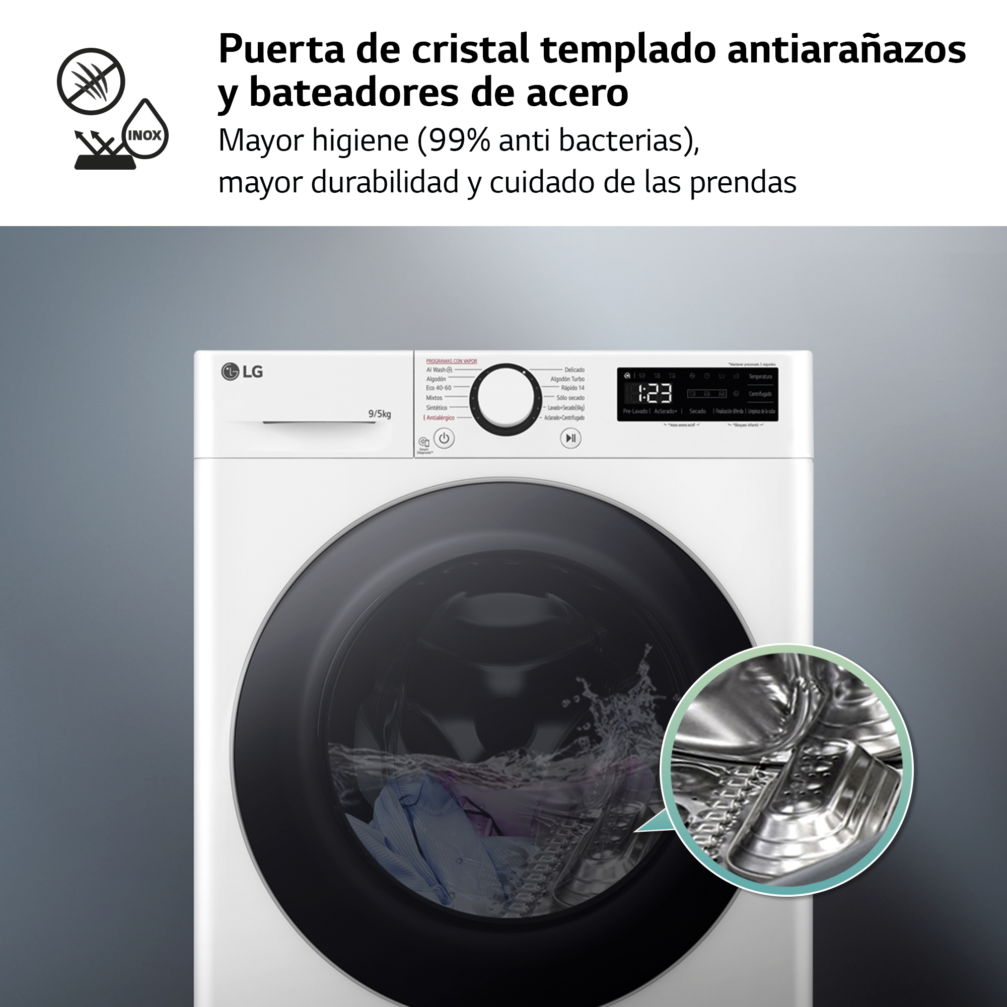 Lavadora blanca con puerta negra. Primer plano del tambor.