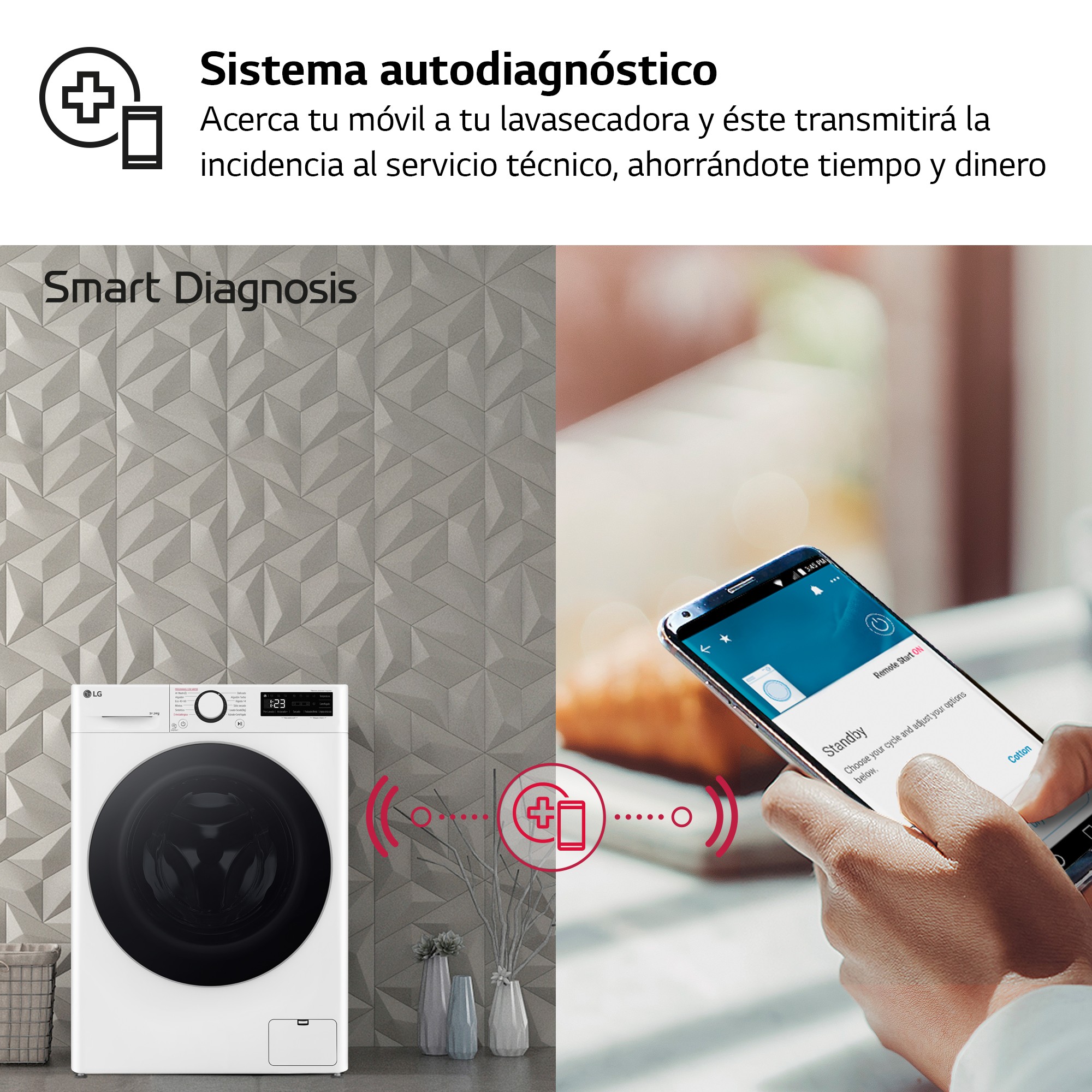 Sistema de diagnóstico inteligente, una lavadora y un smartphone.