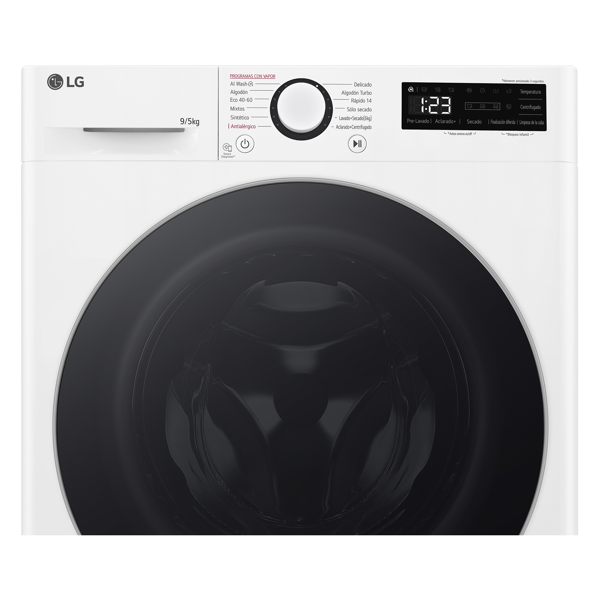 Panel de control de lavadora blanco con ajustes, un dial y una pantalla digital.