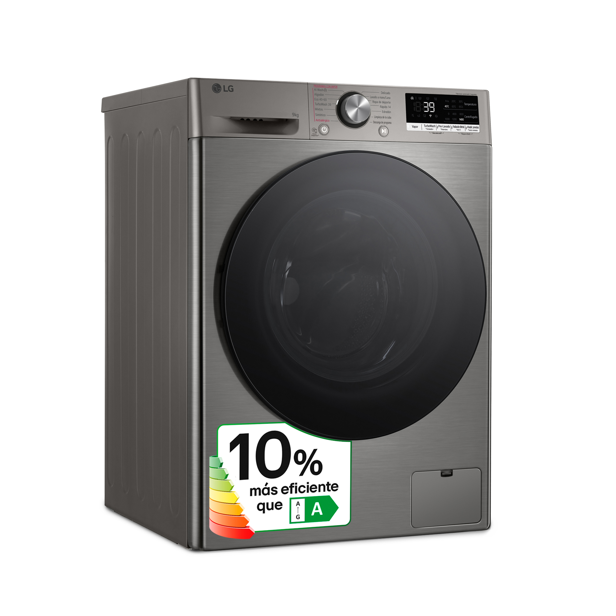 Lavadora gris oscuro con puerta negra y pegatina verde de eficiencia energética, ligeramente inclinada a la derecha.