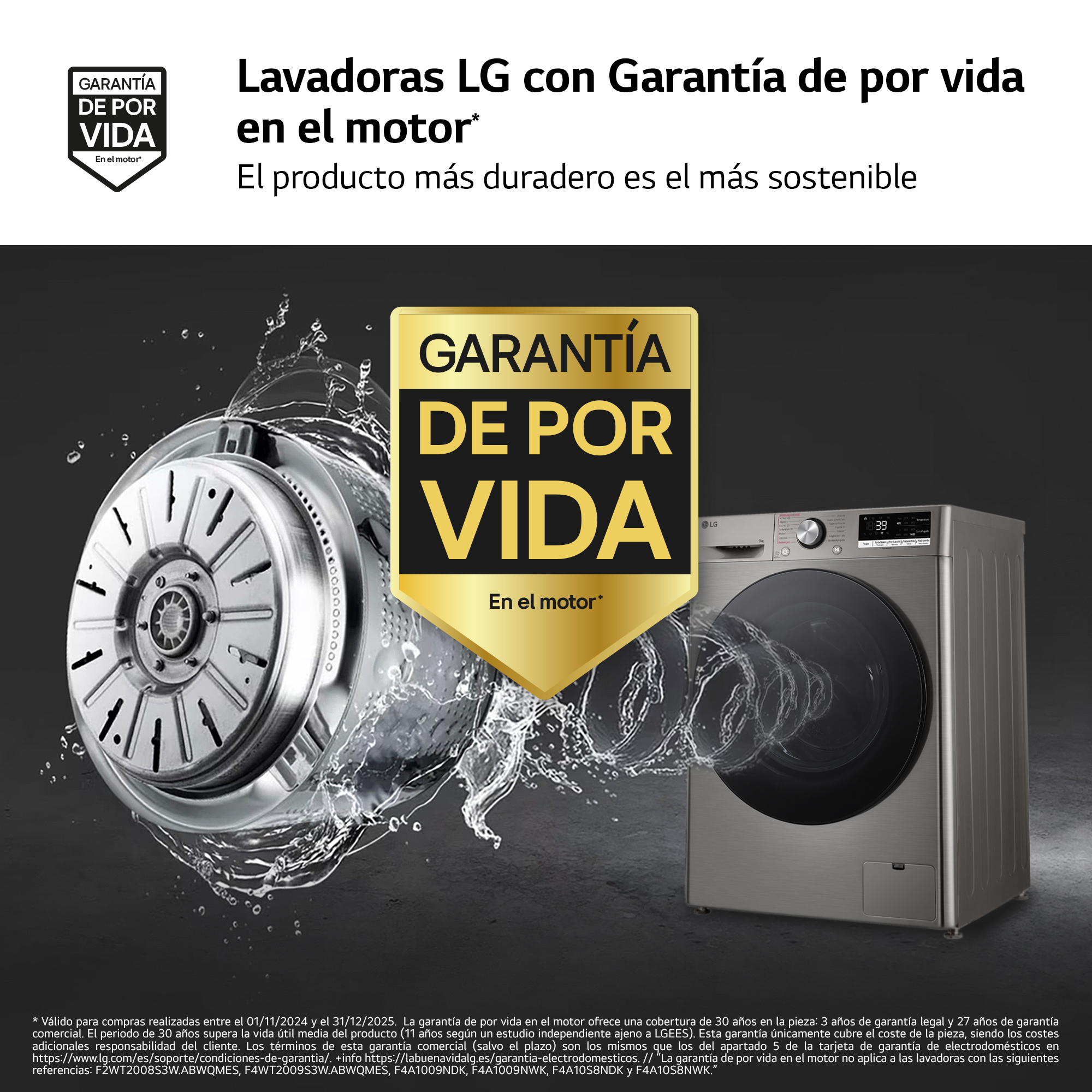 Lavadora LG con texto de garantía de por vida en el motor.
