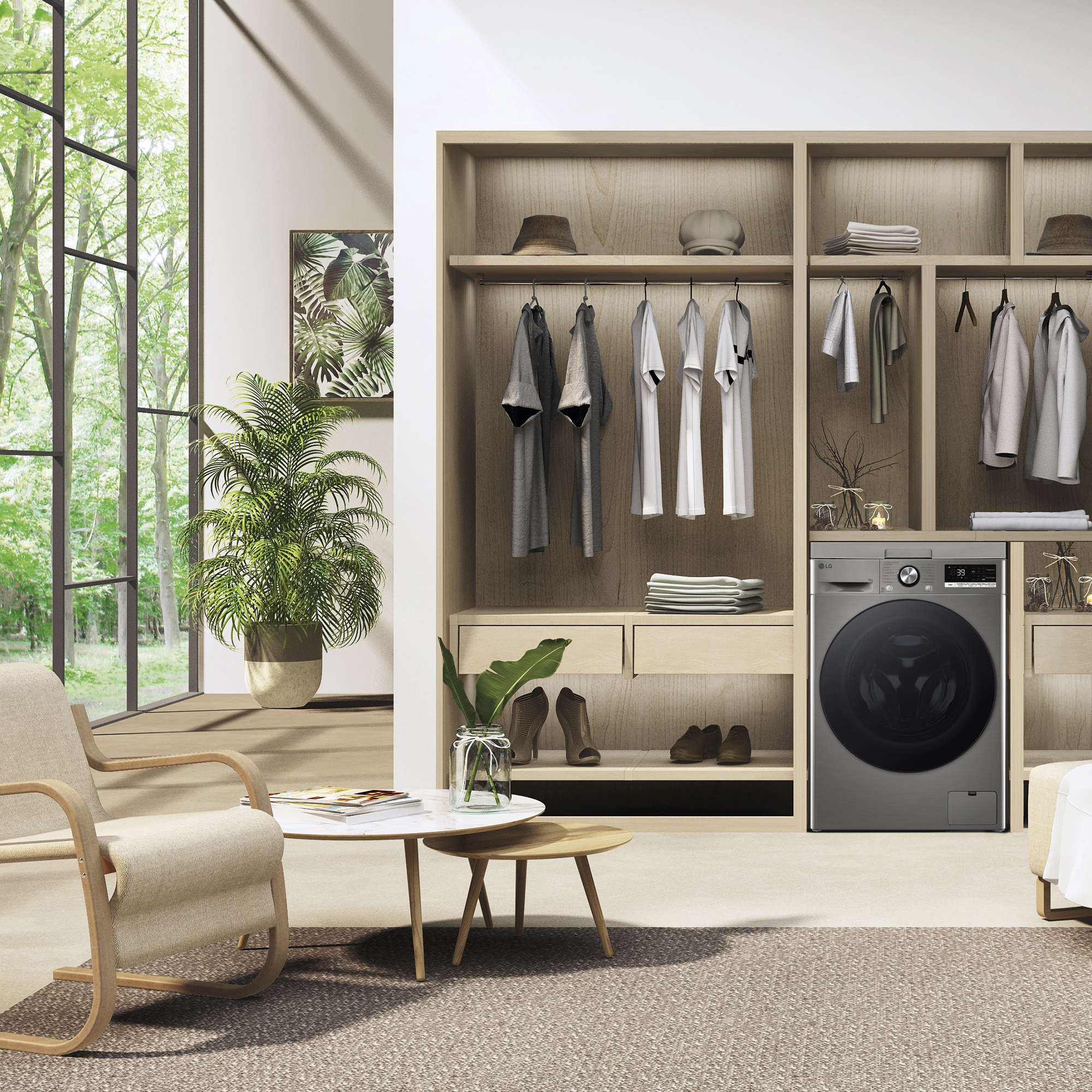 Un armario moderno con ropa, una lavadora y una silla cerca de una ventana.
