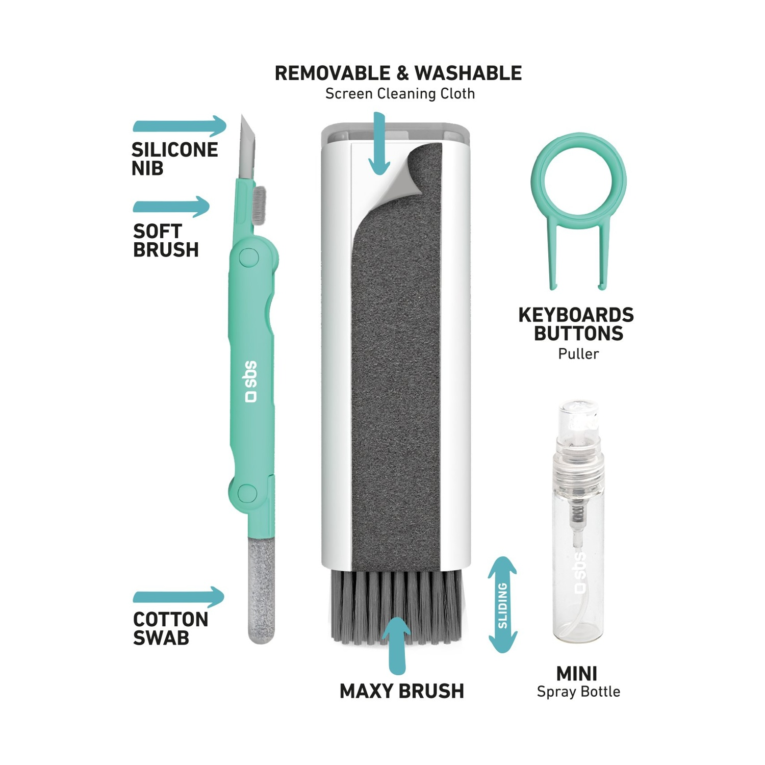 Kit di pulizia con spazzola, tampone e estrattore per tasti, e un mini flacone spray.