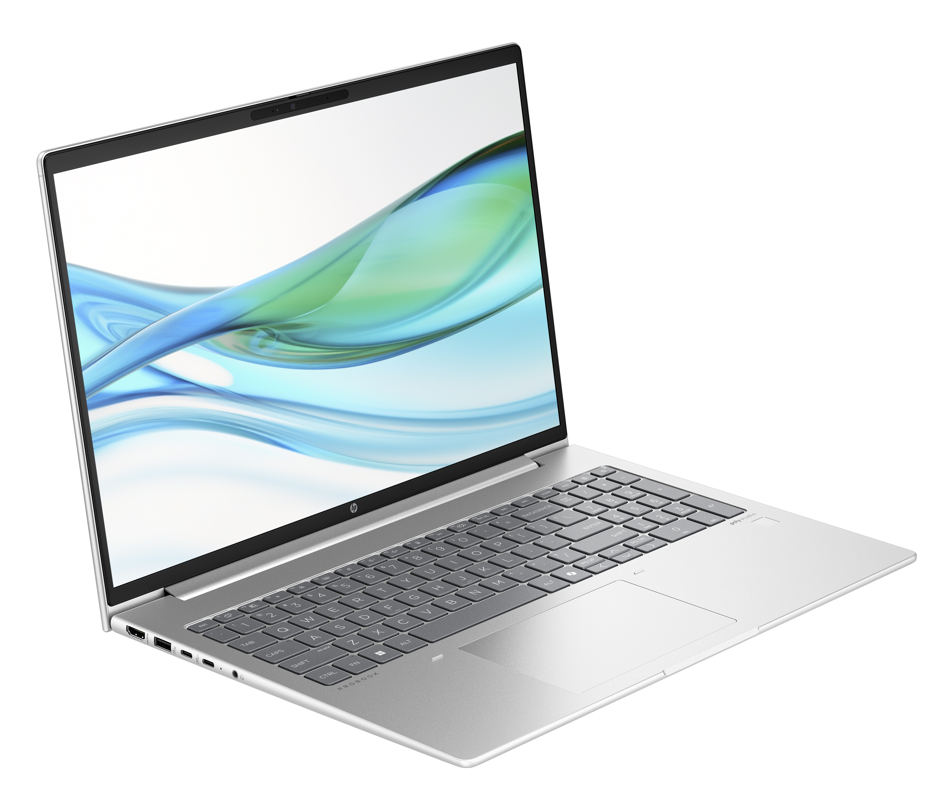 Laptop plateado con pantalla abierta mostrando diseño abstracto azul y verde, fondo blanco.