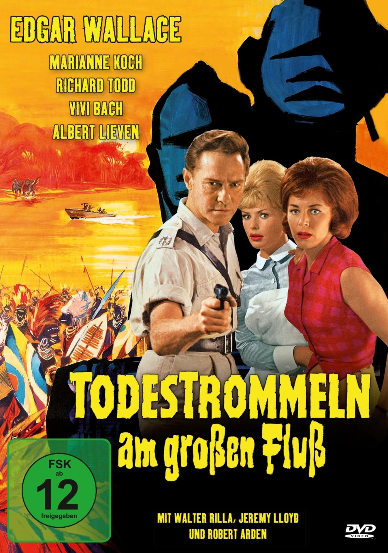 Filmposter 'Todestrommeln am großen Fluß'. Menschen auf einem Flussboot, Text auf Deutsch.
