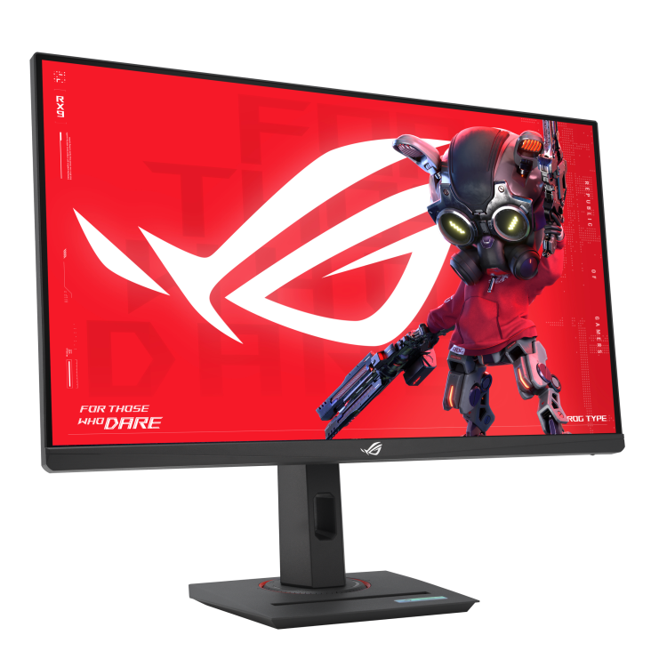 Monitor de computadora mostrando imagen colorida de robot con arma. Fondo rojo.