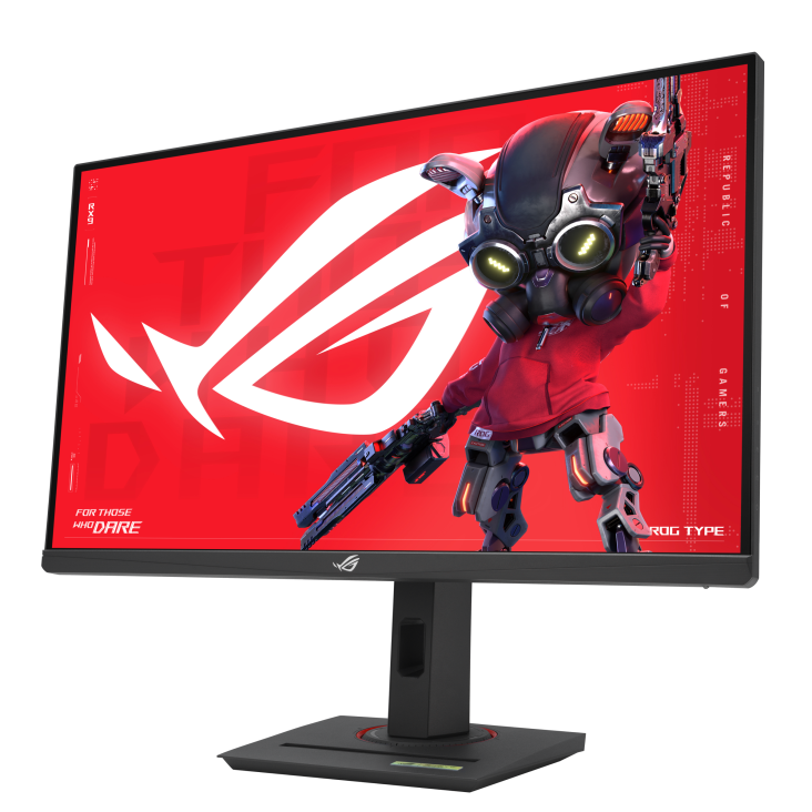 Un monitor gaming muestra una figura robótica sobre un fondo rojo con el logo ROG.