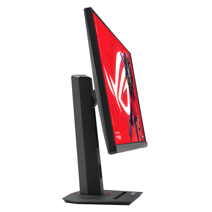 Monitor con pantalla roja, soporte negro y un logo.