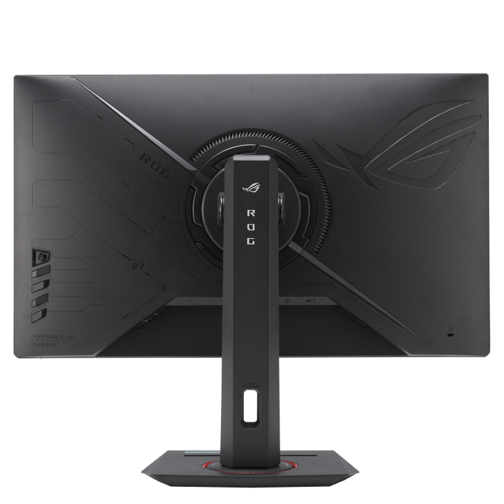 Vista trasera de monitor gaming ROG negro, con soporte y logo.