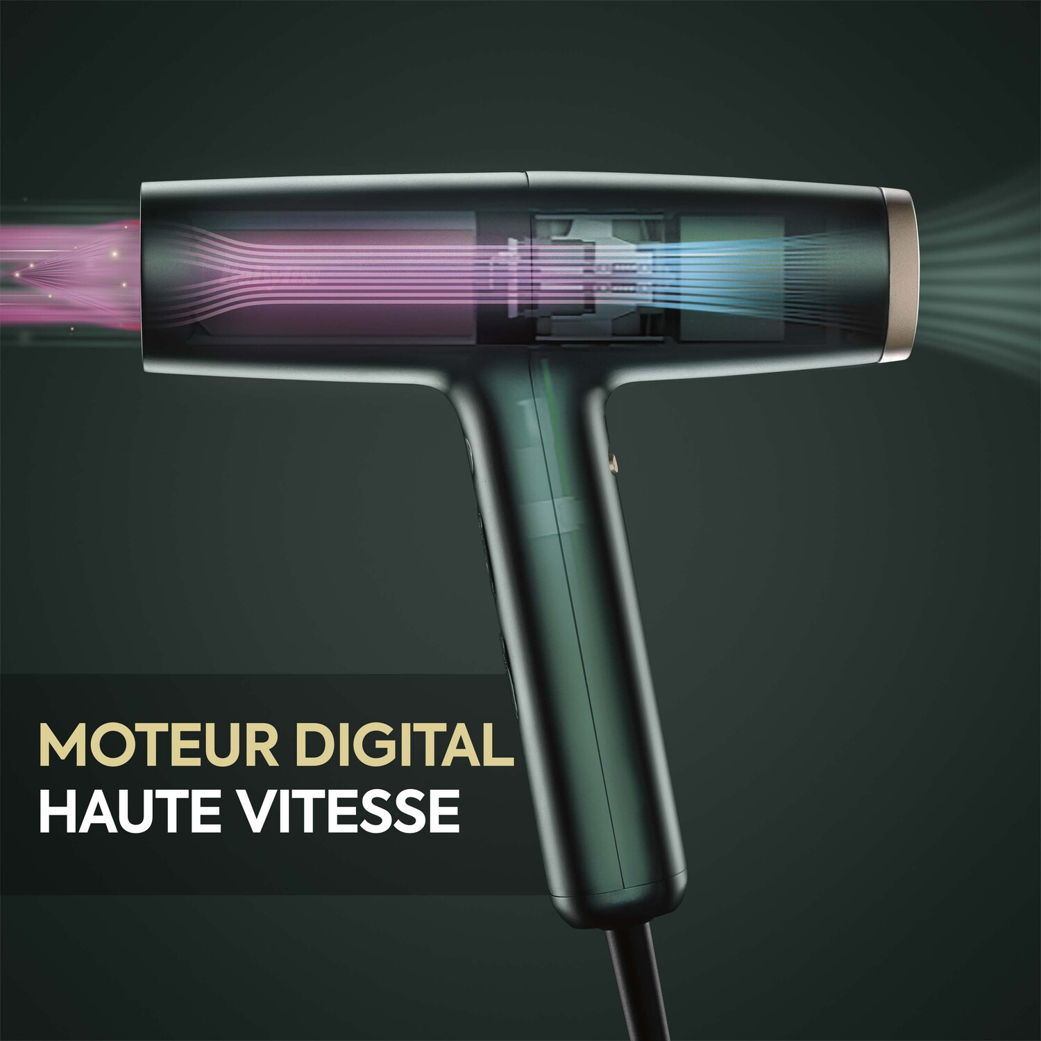 Un sèche-cheveux noir et bleu canard avec le texte "MOTEUR DIGITAL HAUTE VITESSE".