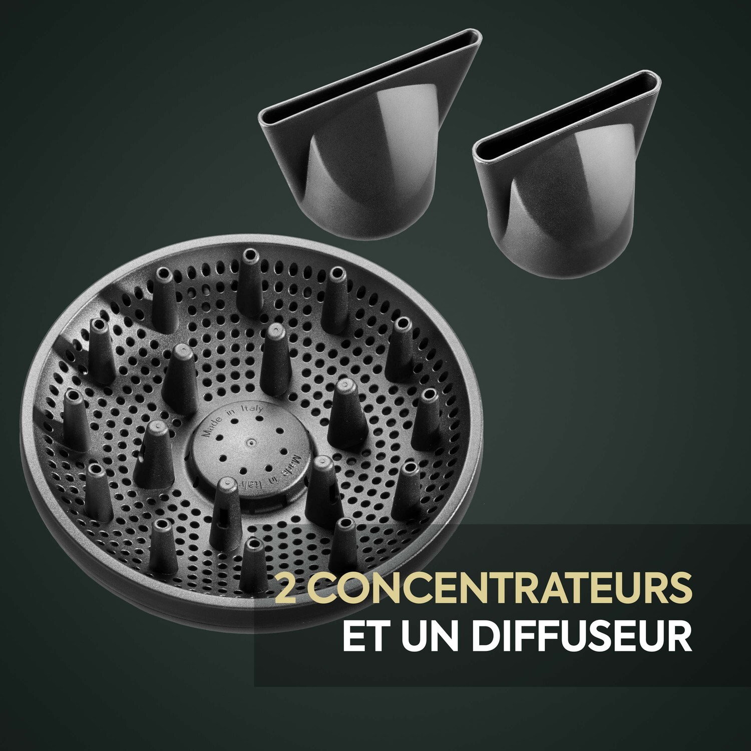 Accessoires de sèche-cheveux : un diffuseur et deux concentrateurs. Tous sont noirs, fond sombre.