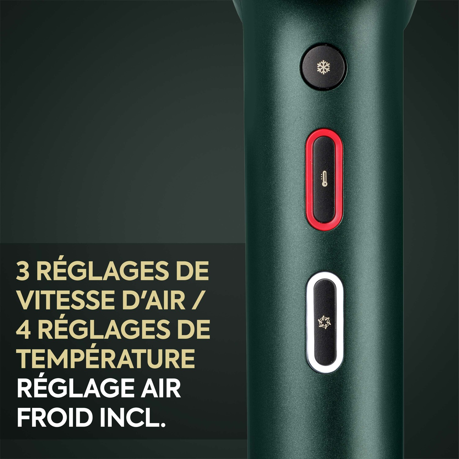 Un styler capillaire avec trois réglages de vitesse de l'air et quatre de température.