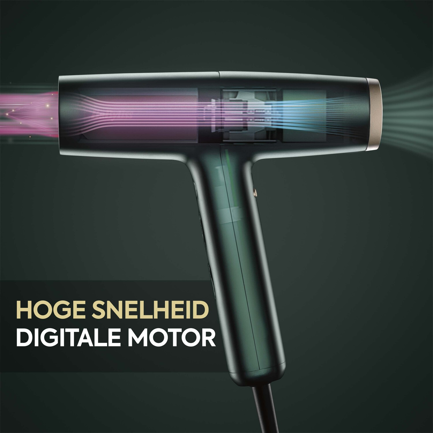 Haardroger. Groene behuizing met roze en blauwe luchtstroom. Tekst: Snelle digitale motor.