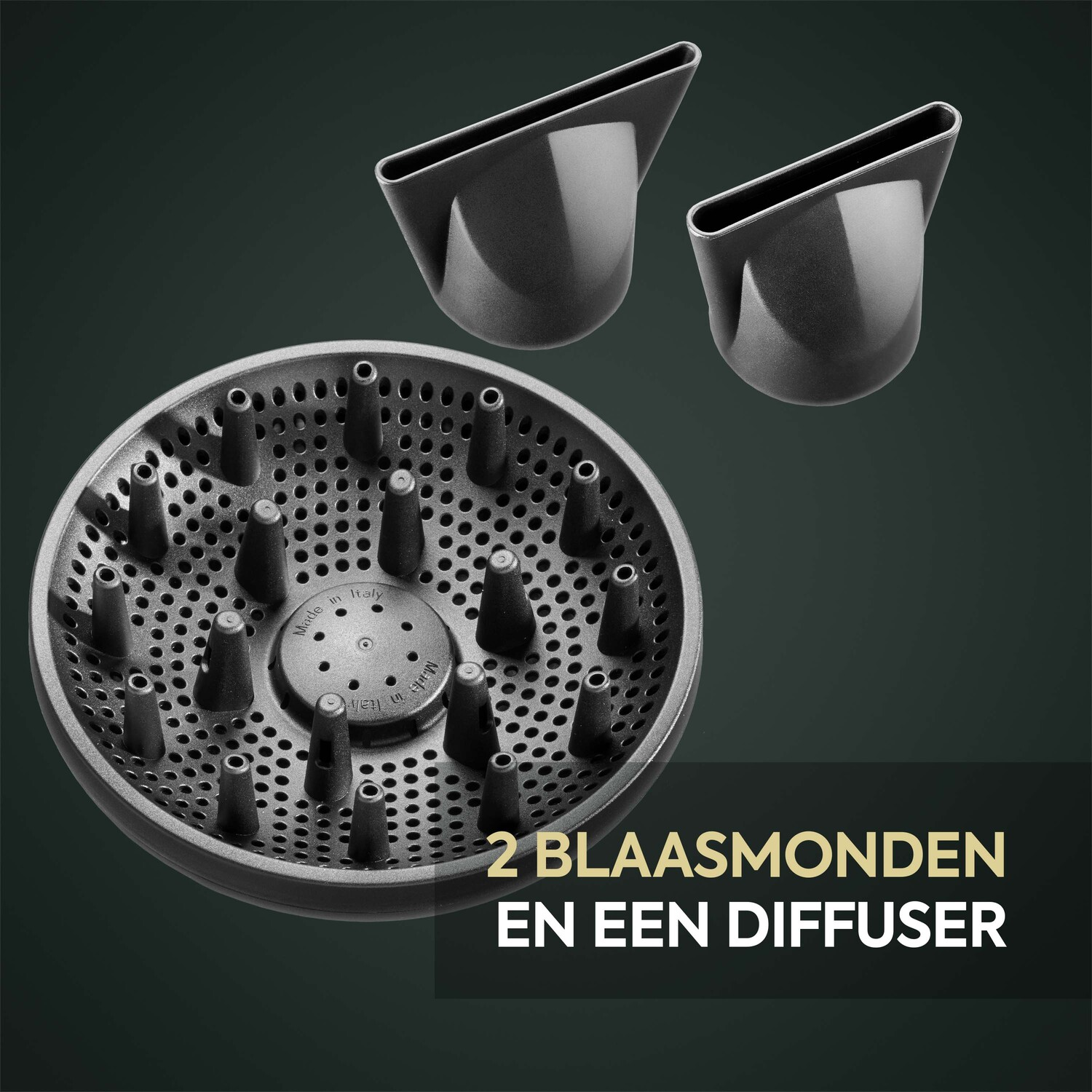 Opzetstukken voor föhn: twee mondstukken en een diffuser, allemaal zwart.