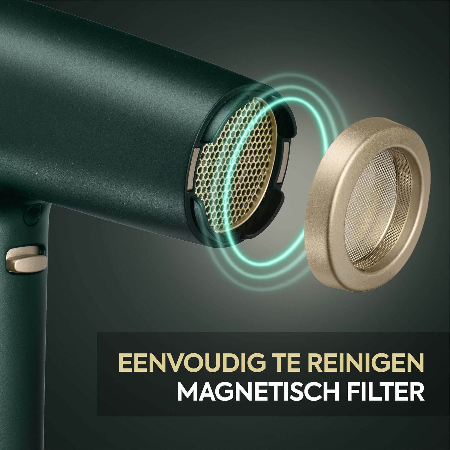 Groene föhn met afneembaar gouden filter. Tekst: Gemakkelijk te reinigen, magnetisch filter.
