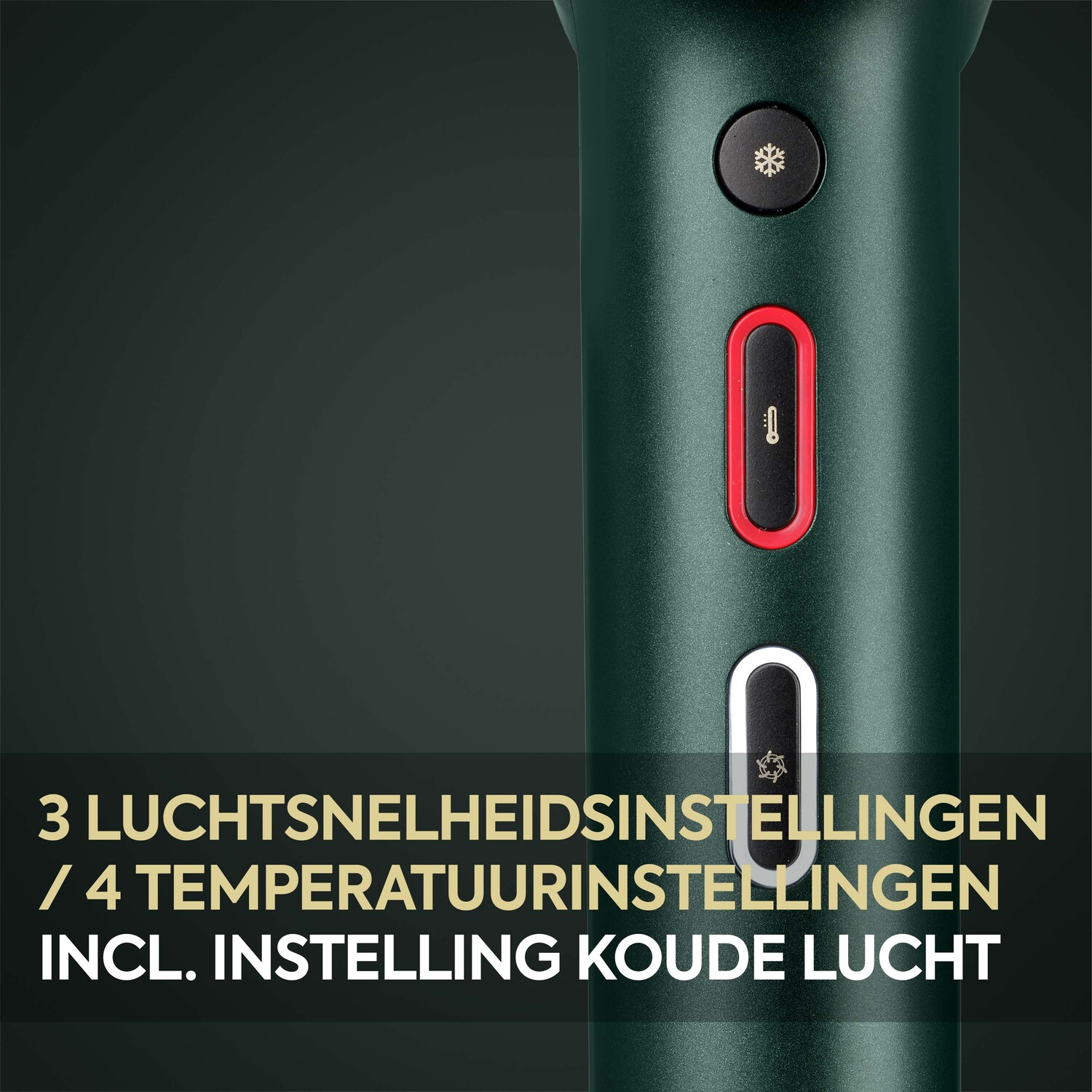 Een close-up van een haardroger met knoppen voor instellingen en tekst in het Nederlands.