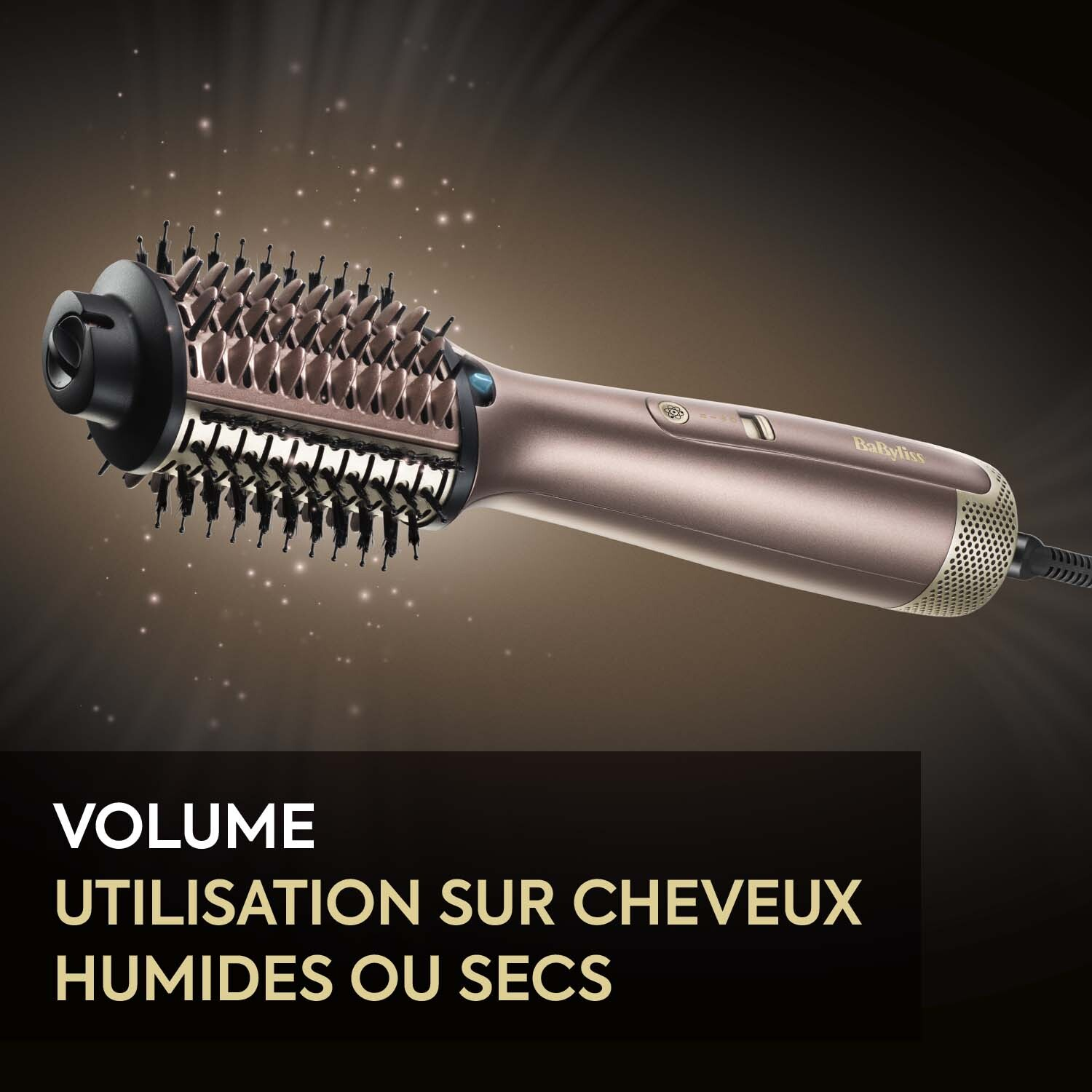Hair styling brush, brown and black, with text in French.