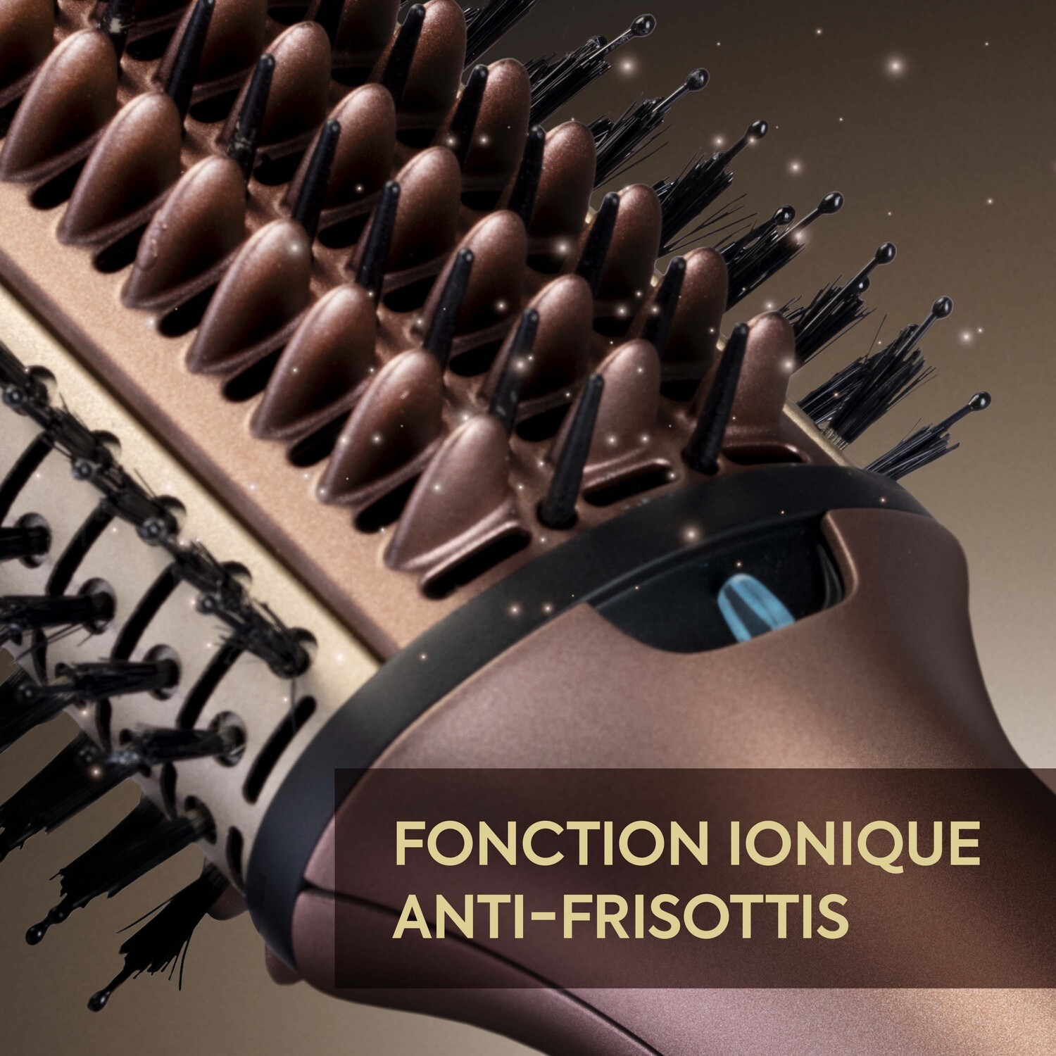 Hair styling brush with a brown and black design.