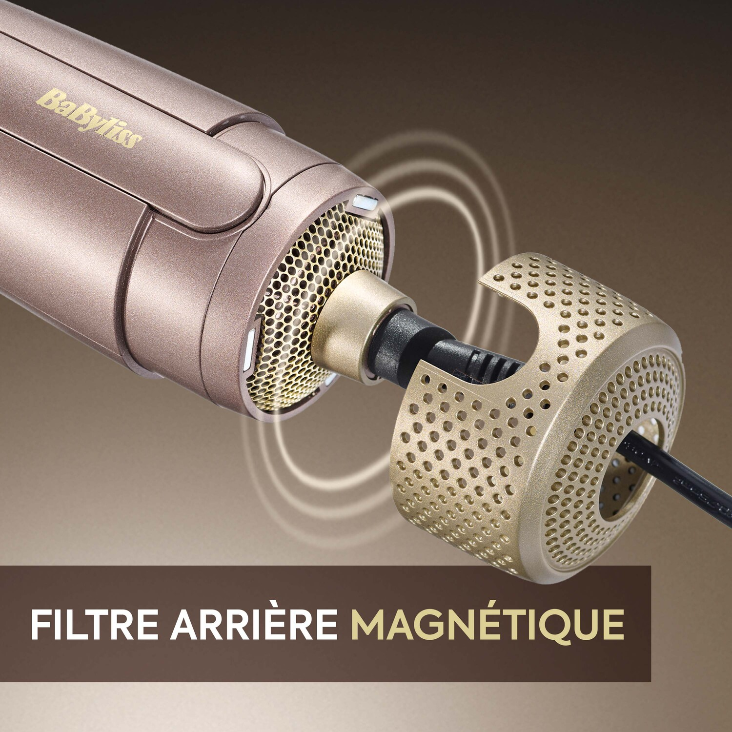 Hair styler part, rose gold color, with text.
