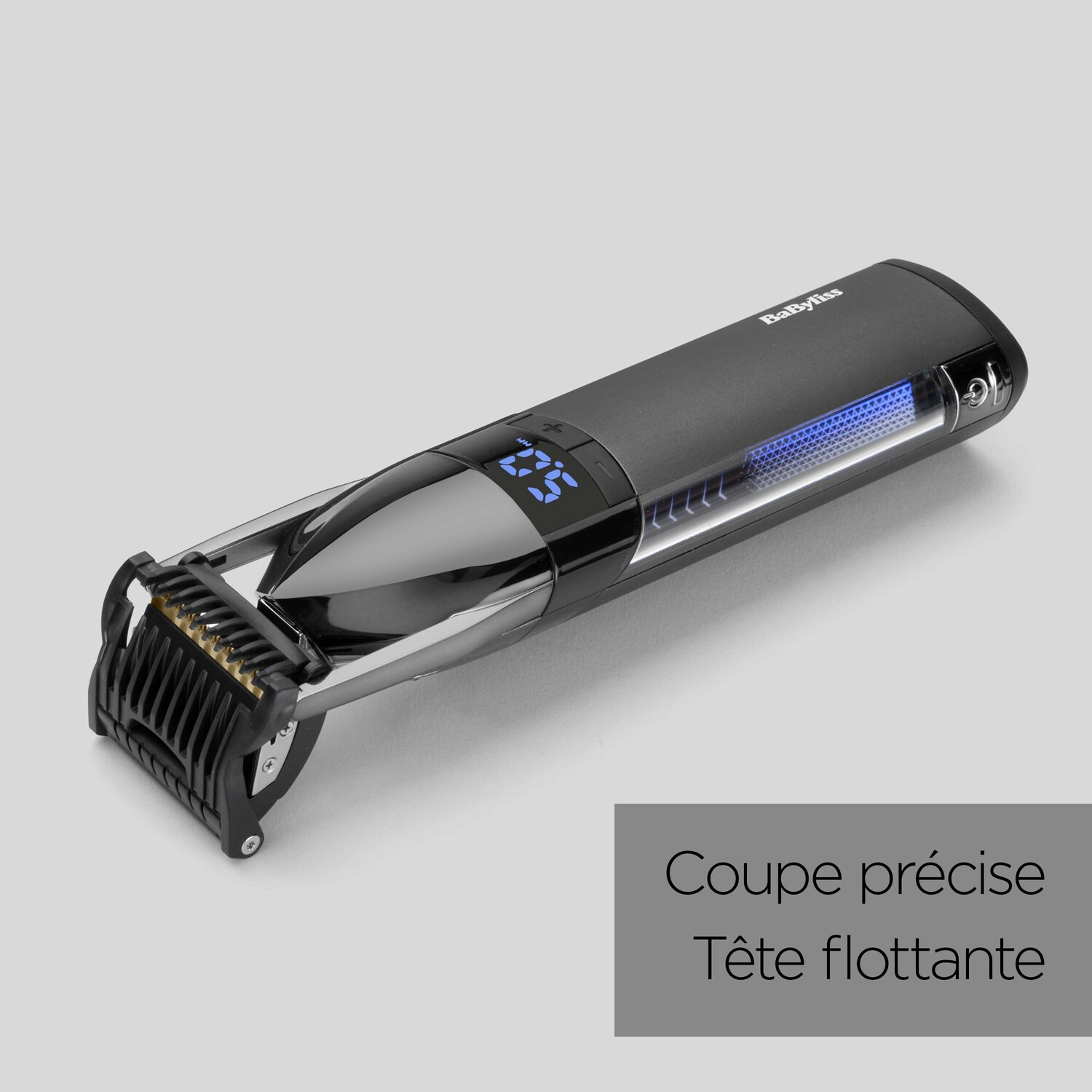 Une tondeuse à cheveux noire avec écran numérique et tête flottante. Le texte "Coupe précise" est visible.