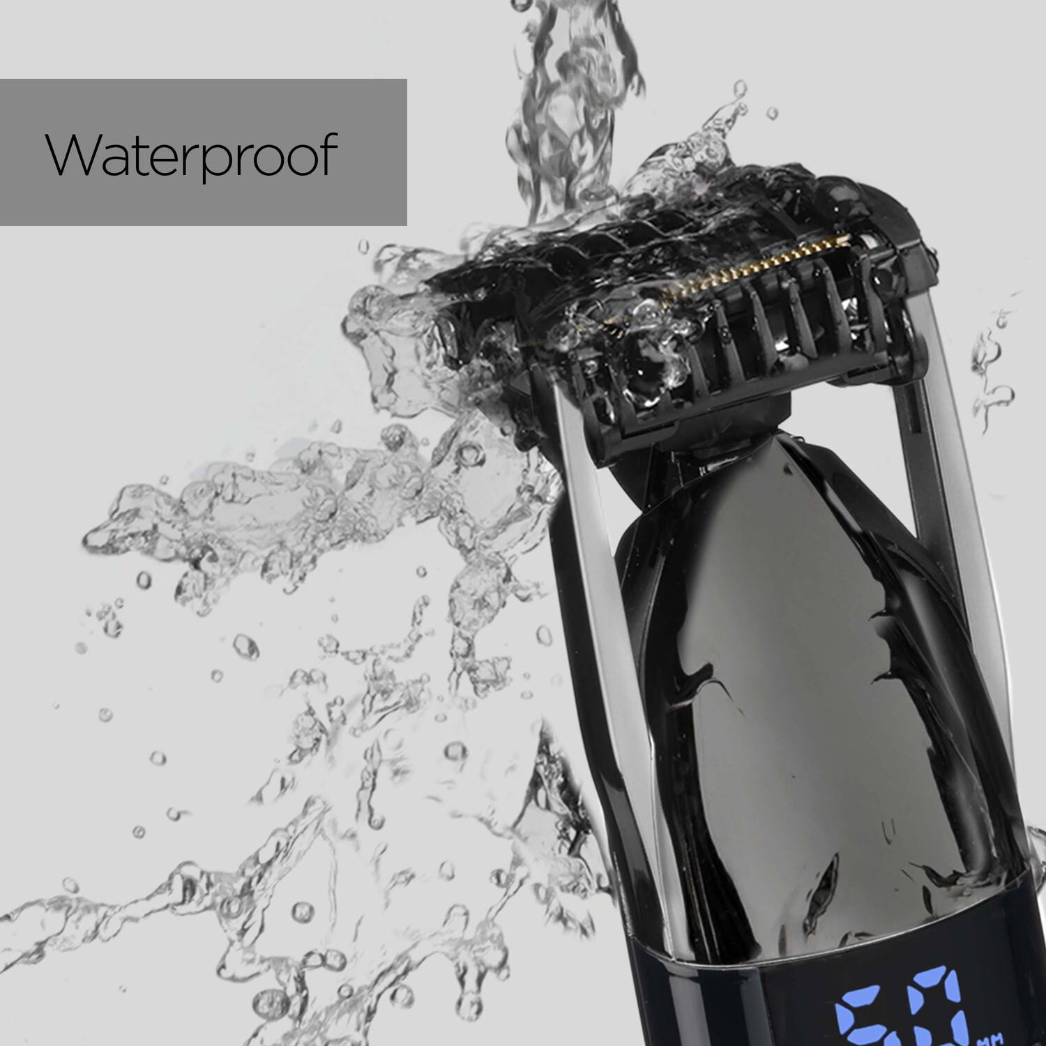 A black electric shaver with water splashing around it, the word 'waterproof' is visible.
