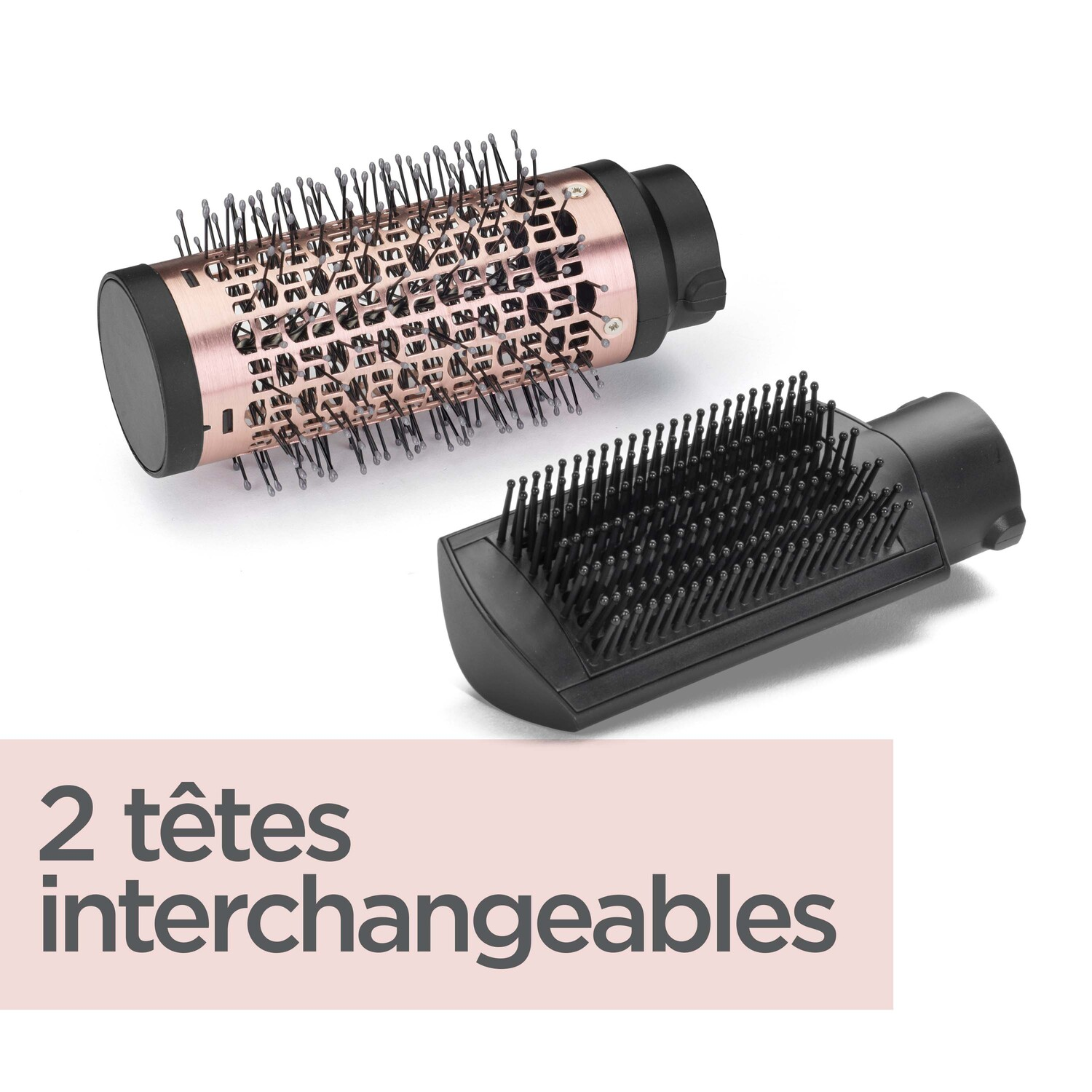 Deux accessoires de brosse à cheveux interchangeables. L'un est une brosse, l'autre est un canon en métal.