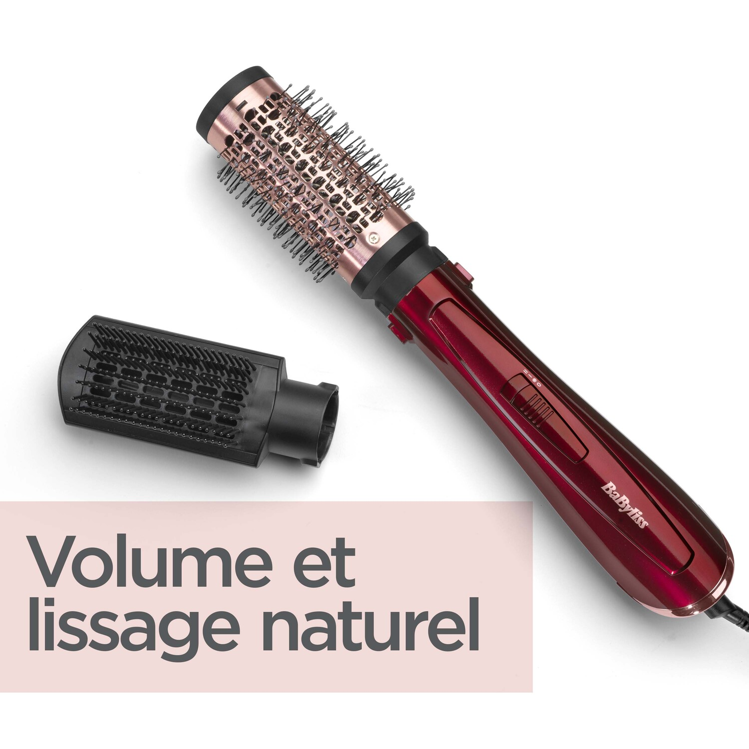 Brosse coiffante rouge avec texte 'Volume et lissage naturel' sur fond blanc.