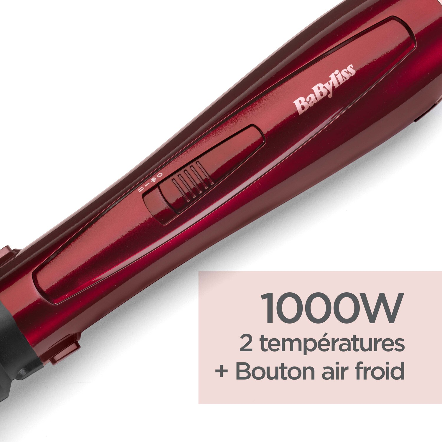 Outil de coiffure rouge avec réglages de puissance et texte : 1000W, 2 températures, bouton air froid.