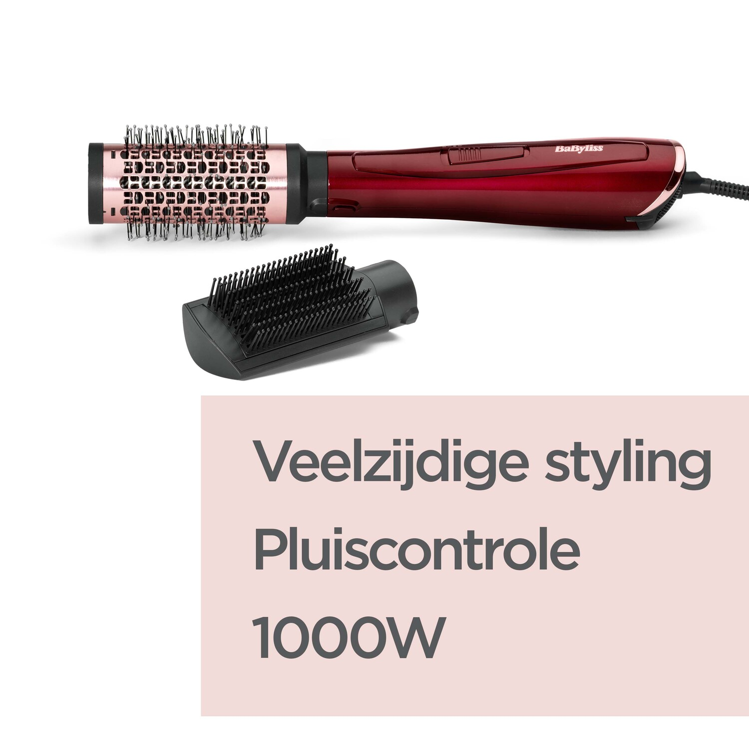 A red and black hair styling brush with a detachable brush head. Text says 'Veelzijdige styling'.