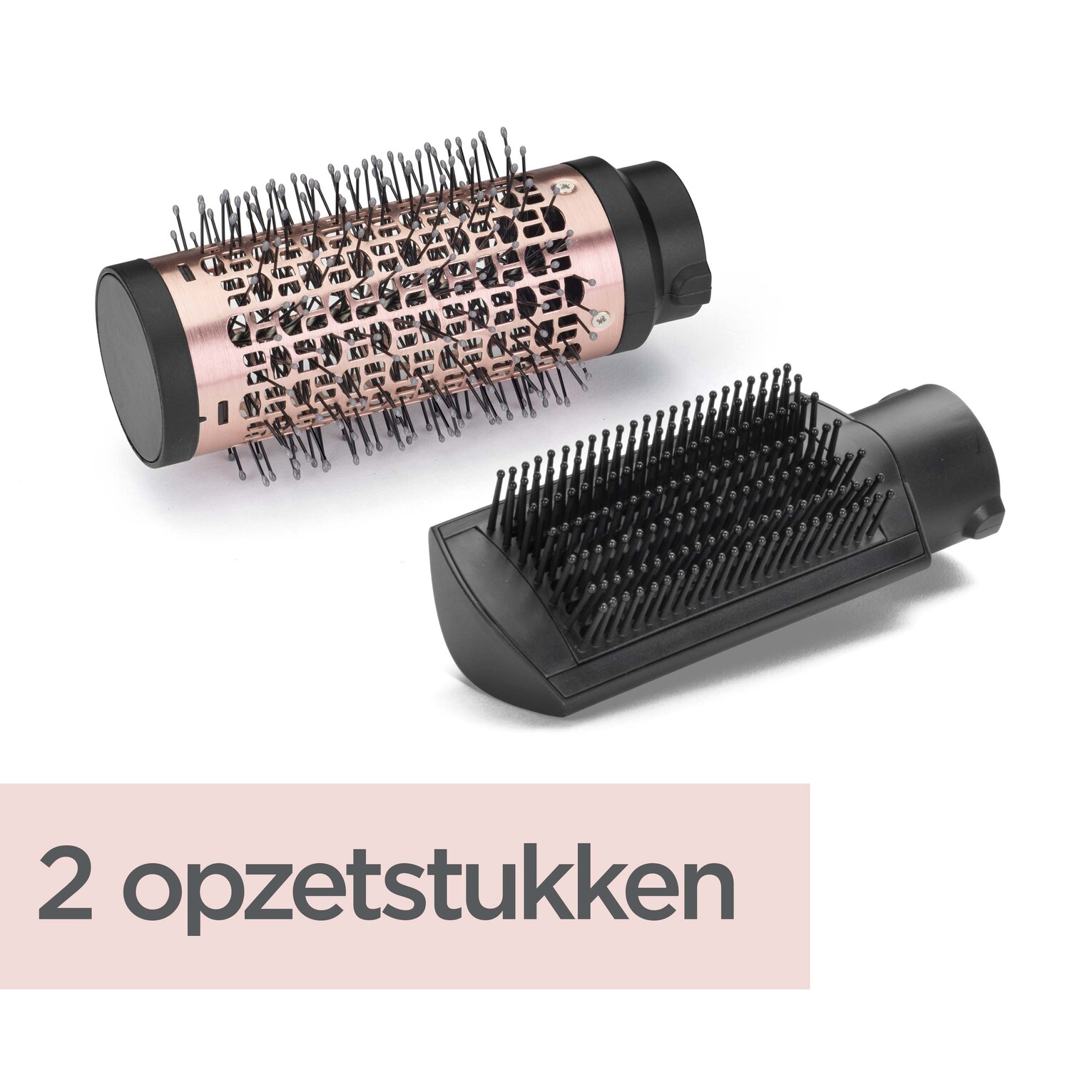 Two hairbrush attachments. One is rose gold, the other black.