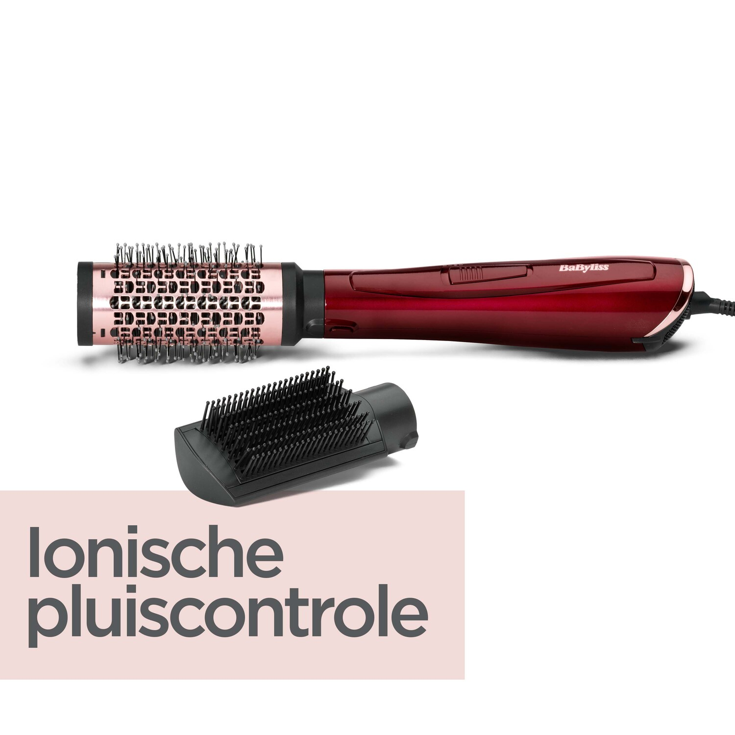 Red hair styling brush. Text: Ionische pluscontrole. Detachable brush head.