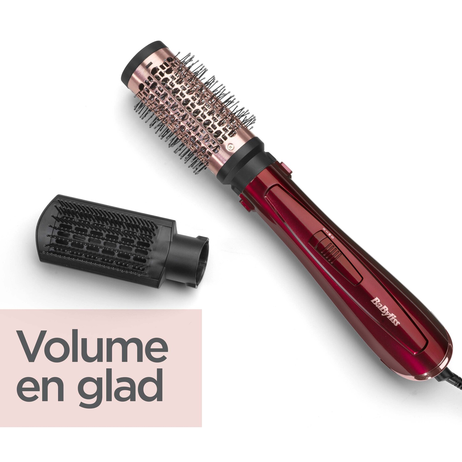 Red and black hair styling brush, detached brush head, and text.