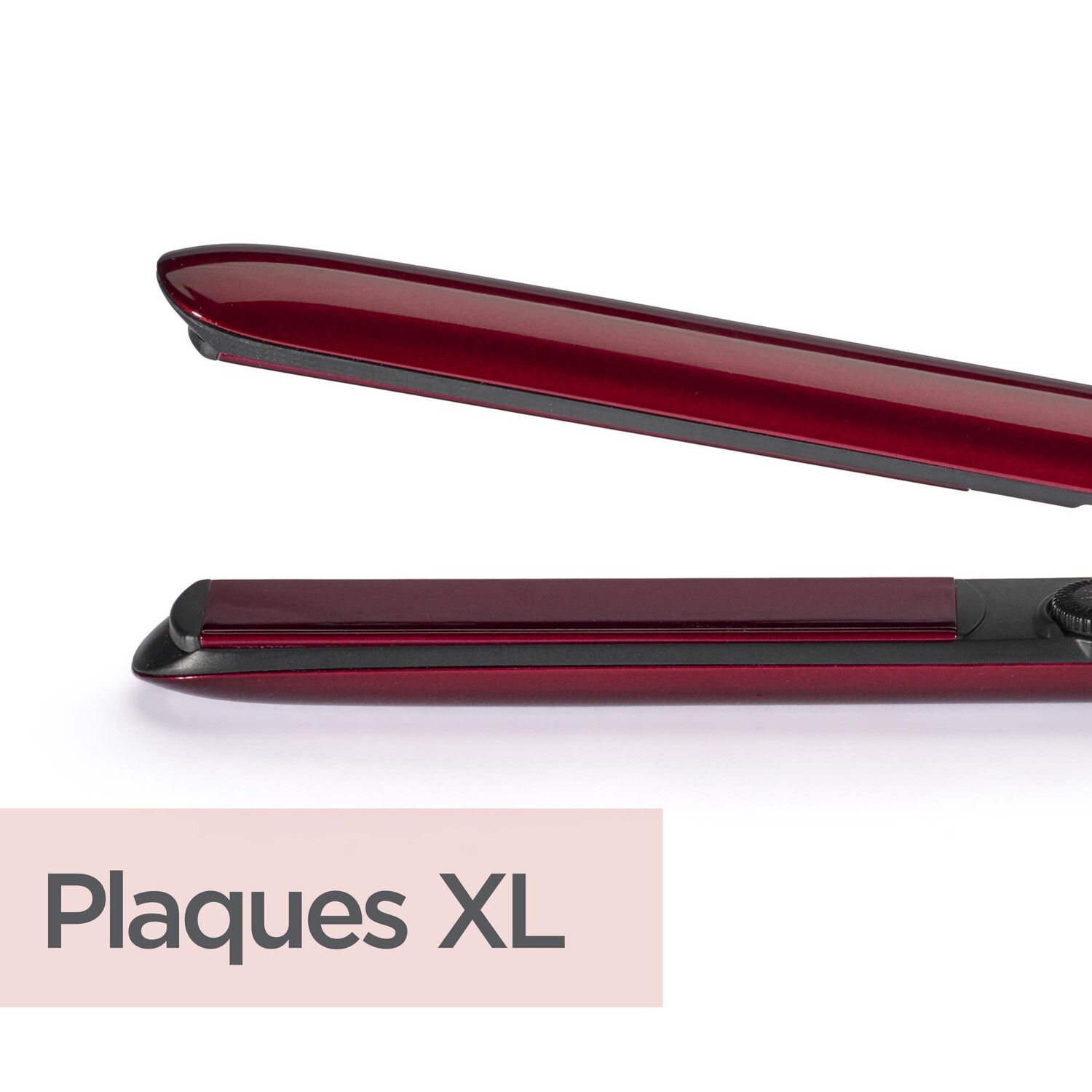 Lisseur de cheveux rouge, ouvert. Le texte 'Plaques XL' est visible.