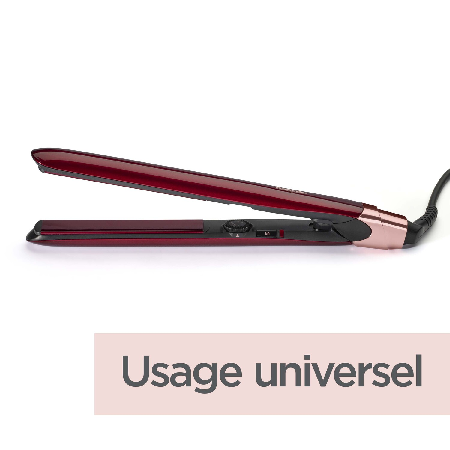 Un lisseur rouge avec des accents or rose, ouvert sur fond blanc. Le texte 'Usage universel' est visible.