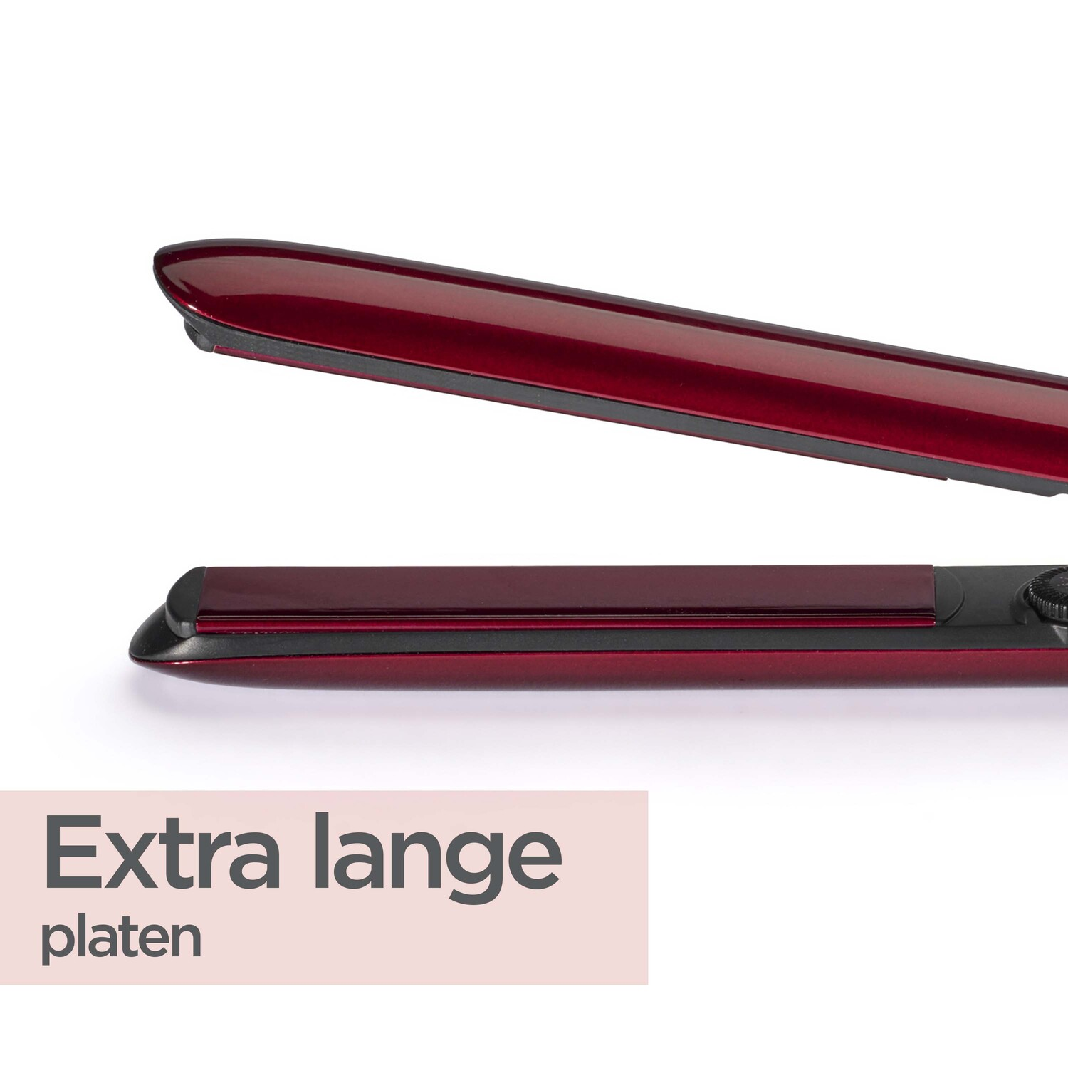 Red hair straightener, open, with the text 'Extra lange platen' on a pink banner.