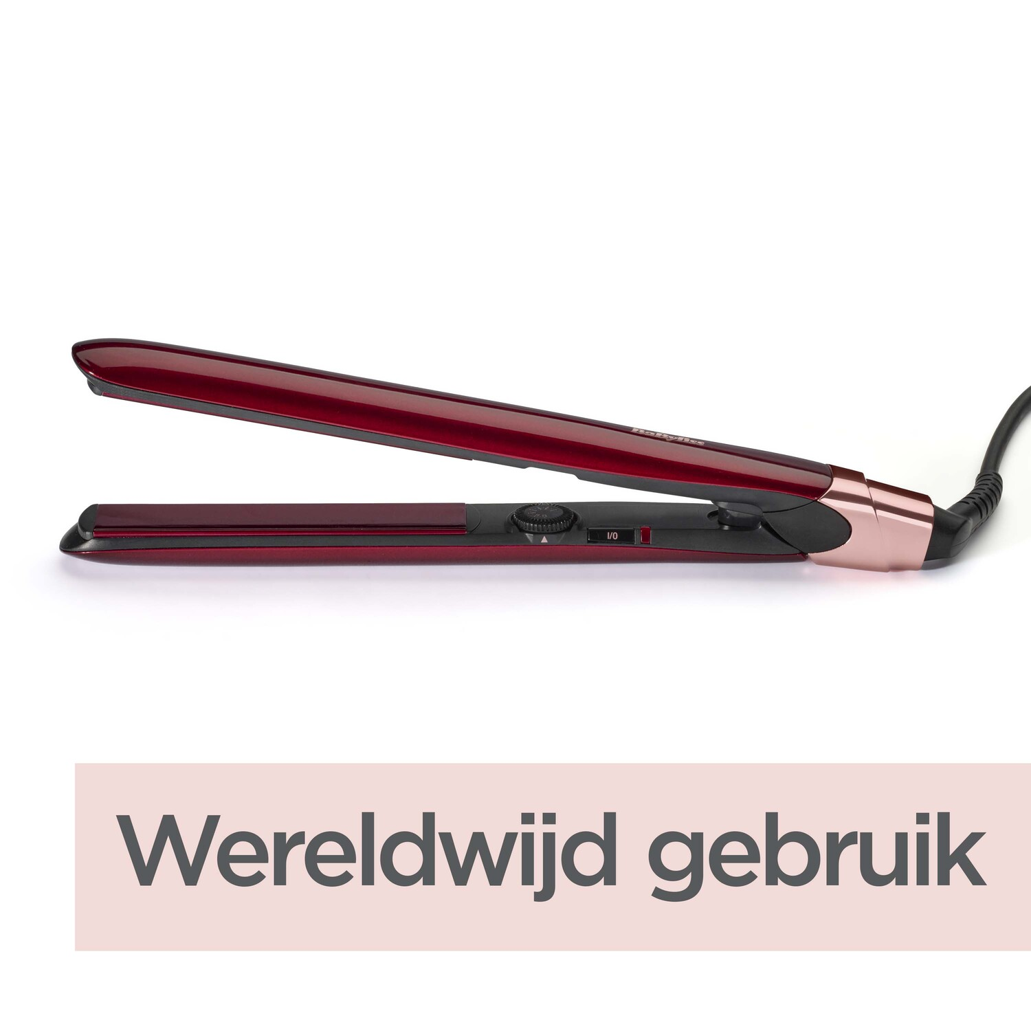 Red hair straightener with a rose gold accent. The text says 'Worldwide use'.