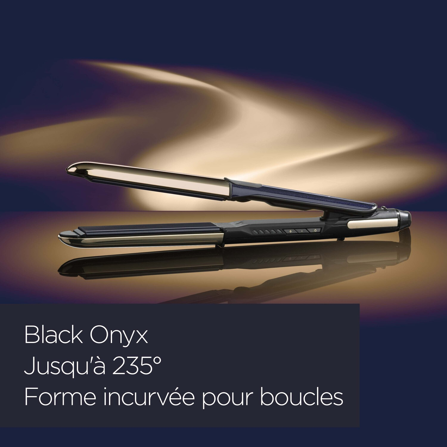 Un lisseur noir et doré avec texte : Black Onyx, jusqu’à 235°, forme incurvée pour les boucles.