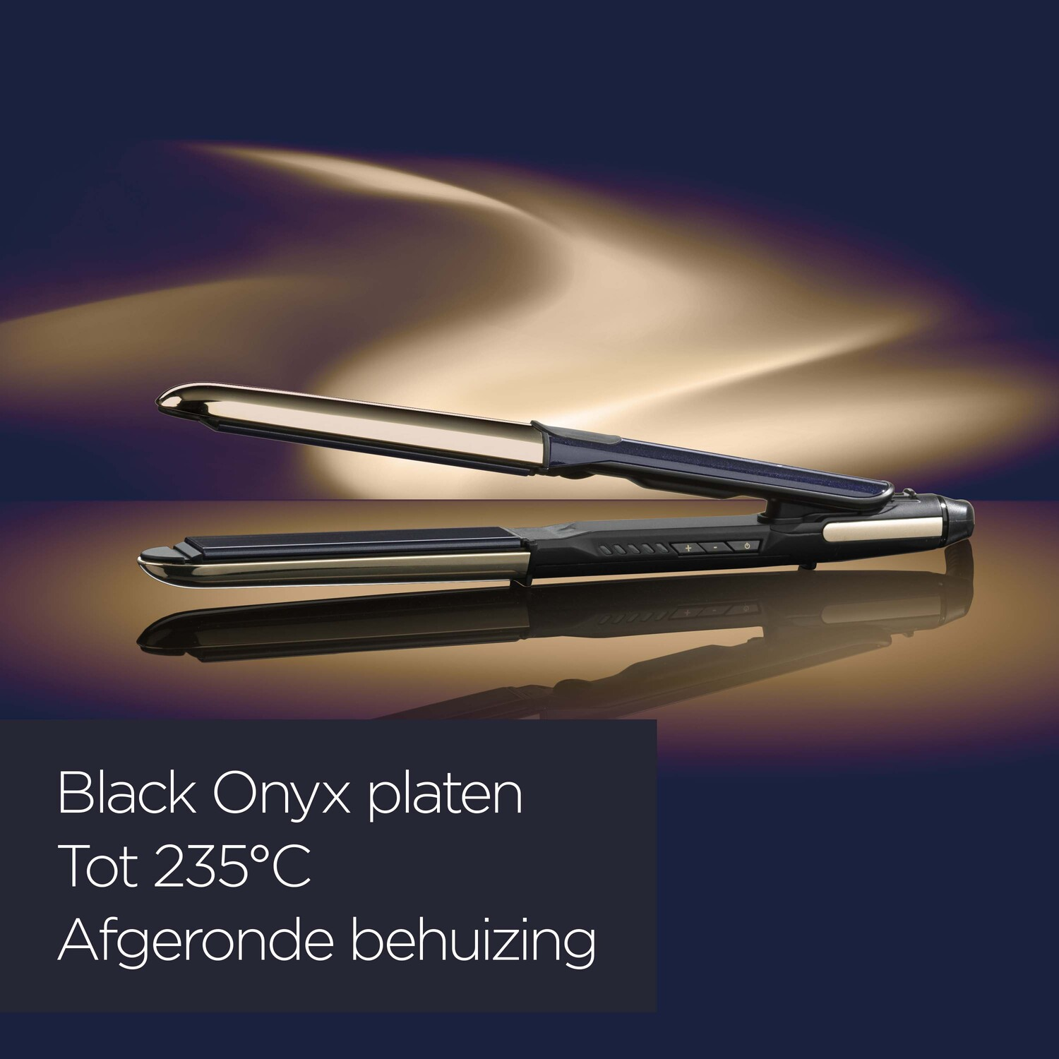 Hair straightener on a surface, with text showing the features.