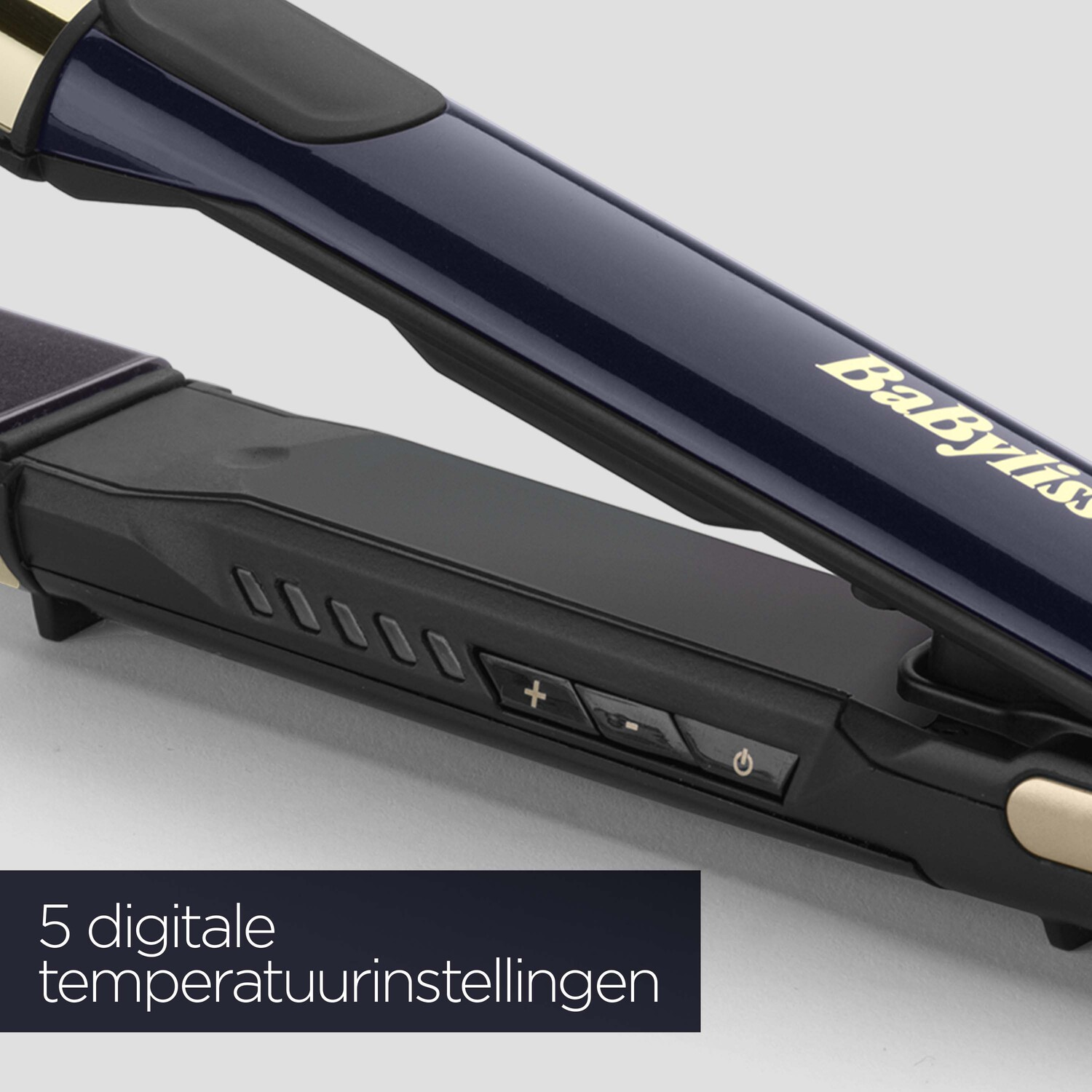 A blue and black hair straightener with digital temperature settings.