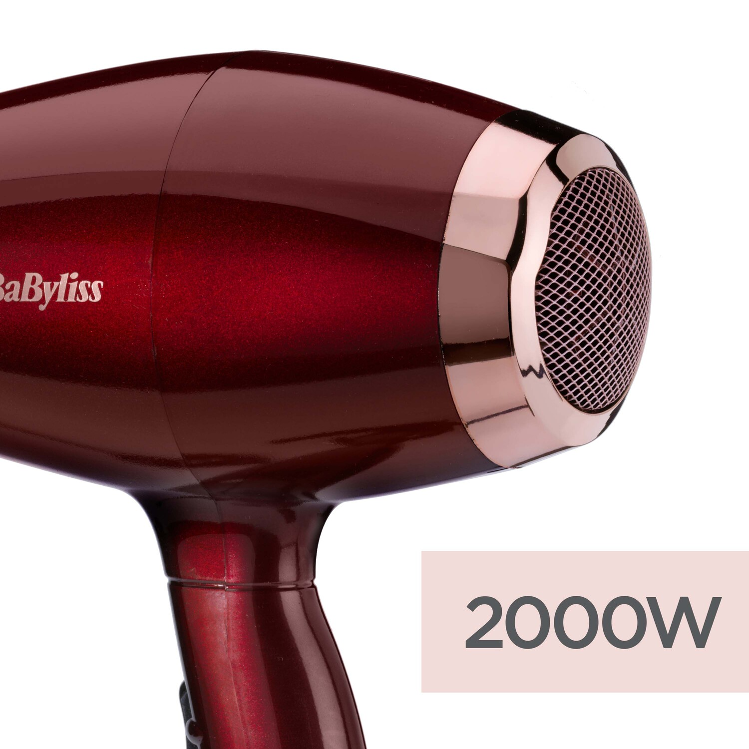 Sèche-cheveux rouge avec des accents or rose, texte 2000W.