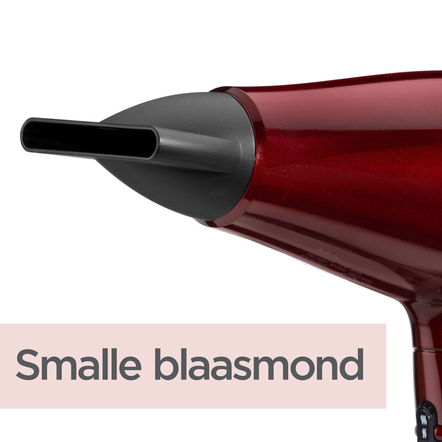 Rode haardroger met een zwarte spuitmond. De woorden 'Smalle blaasmond' zijn zichtbaar.