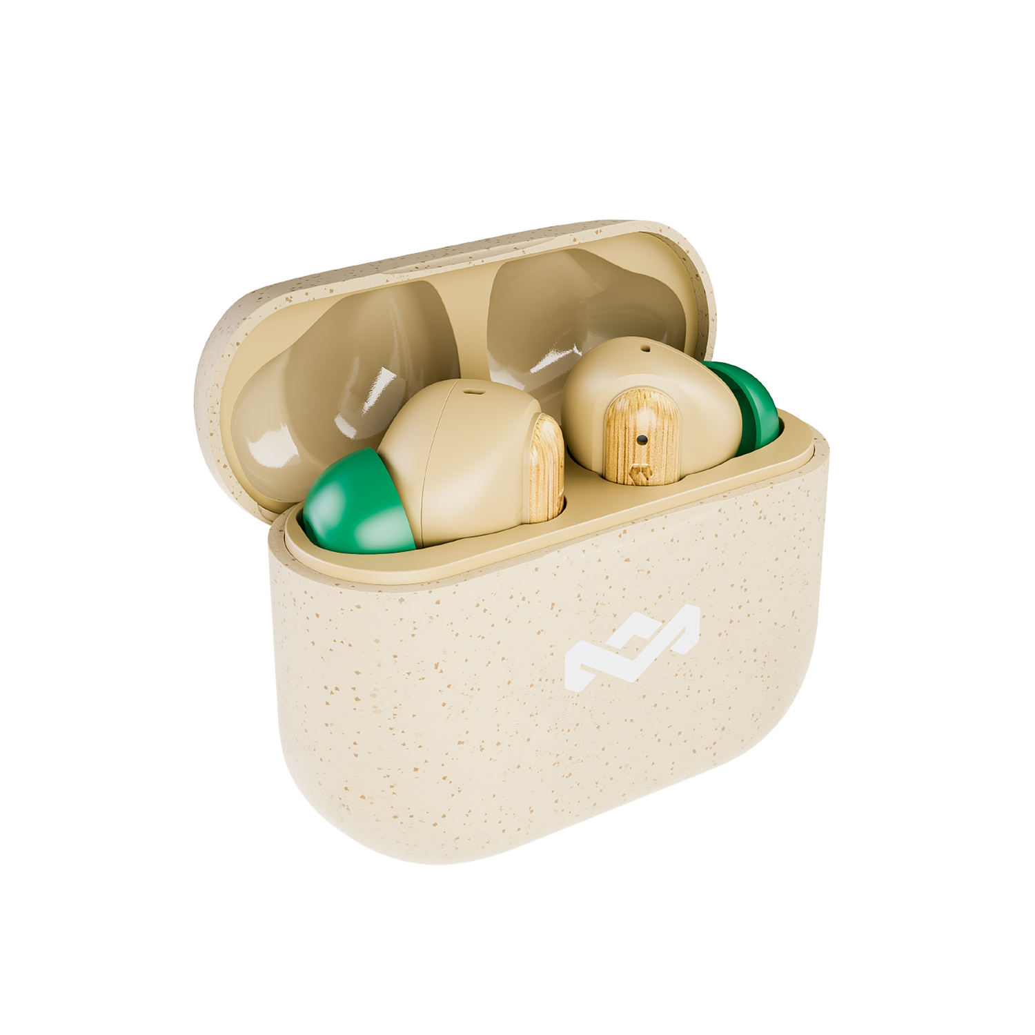 Earbuds in a speckled beige case. The earbuds have green tips and a wooden-like appearance.