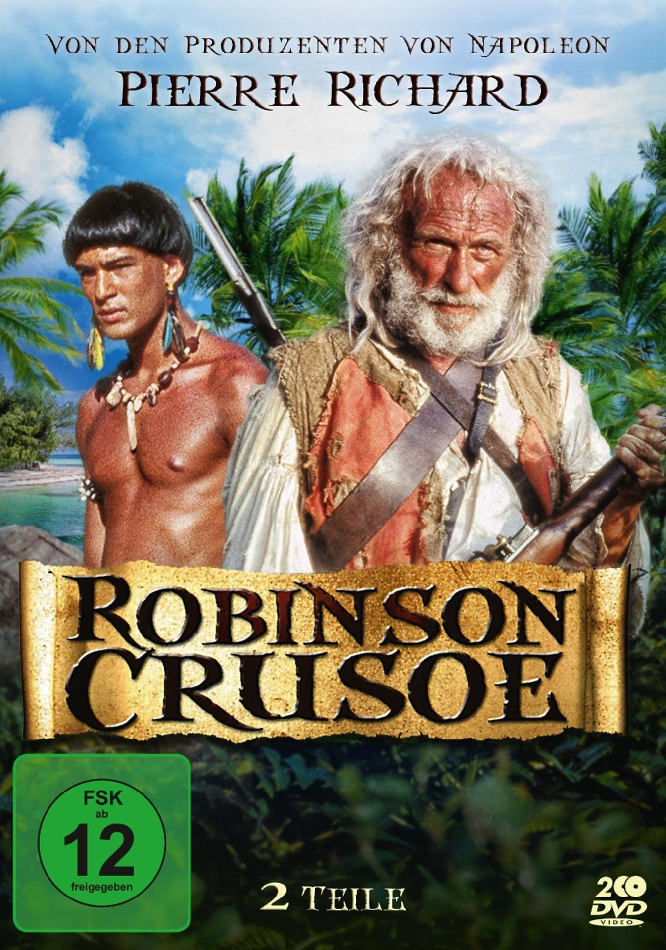 DVD-Cover: Zwei Männer am Strand, Titel 'Robinson Crusoe'. Grüne Disc, Bewertung unten.