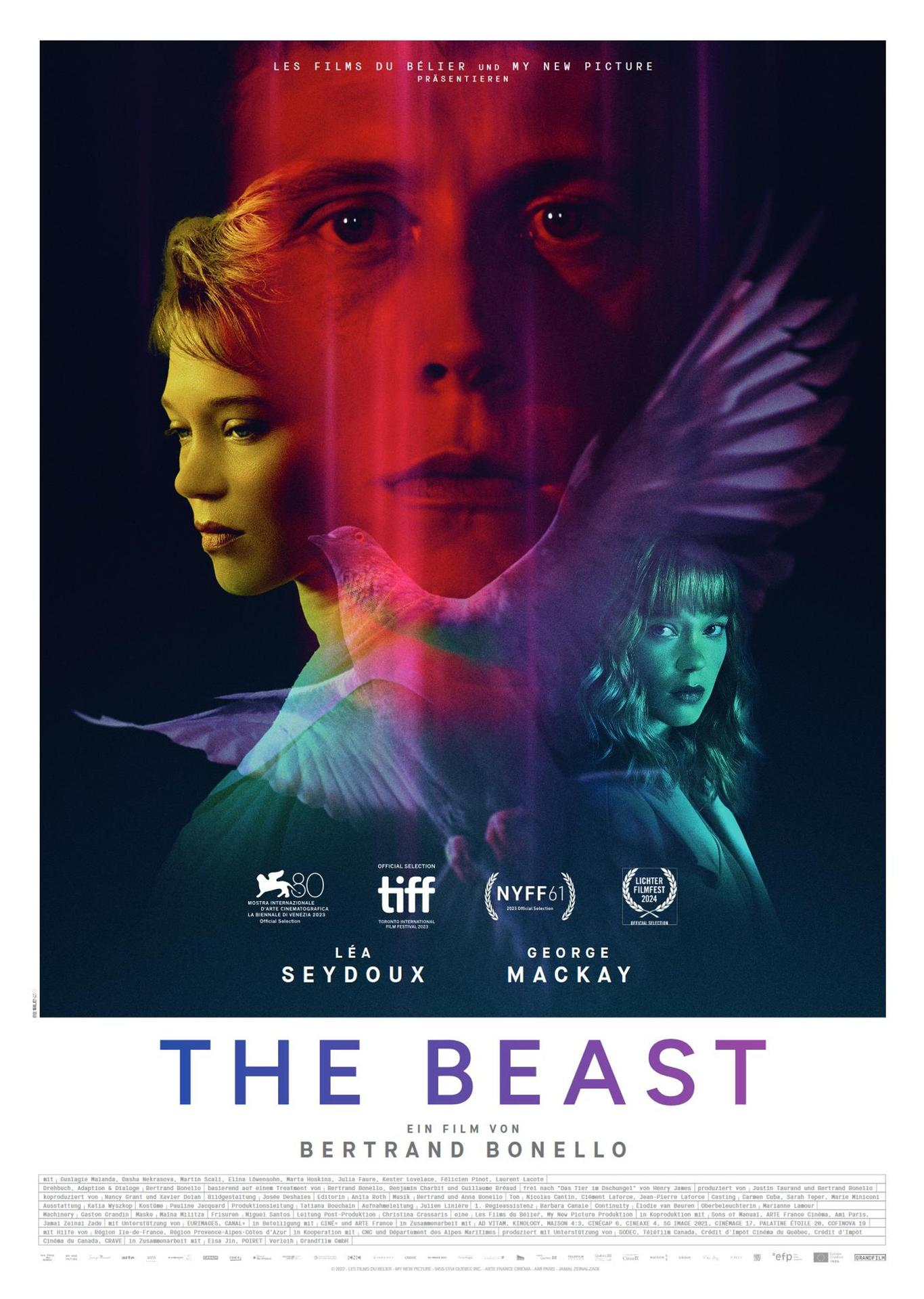 Filmposter für „The Beast“ mit Léa Seydoux und George MacKay. Auf dunklem, mehrfarbigem Hintergrund.