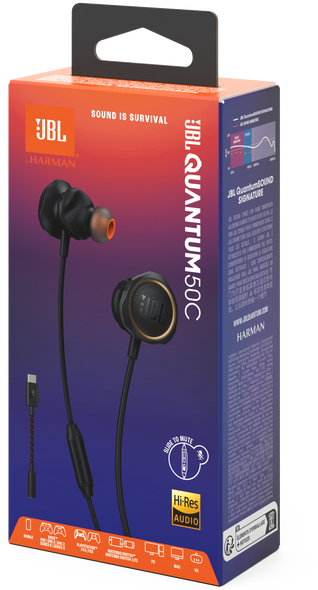 JBL Quantum 50C fülhallgató dobozban. Fekete és narancssárga design.
