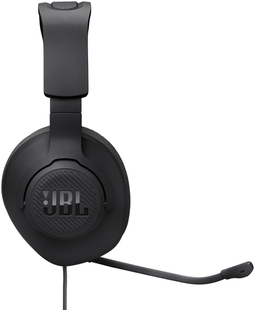 Fekete JBL fejhallgató mikrofonnal, szürke háttérrel.