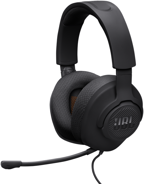 Fekete JBL gaming headset mikrofonnal. Fekete háttér előtt.