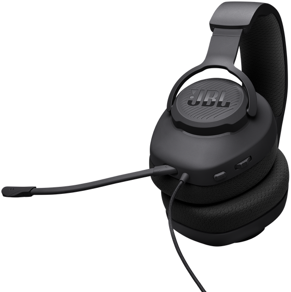 Fekete JBL gamer headset mikrofonnal, közelkép, fekete háttér.